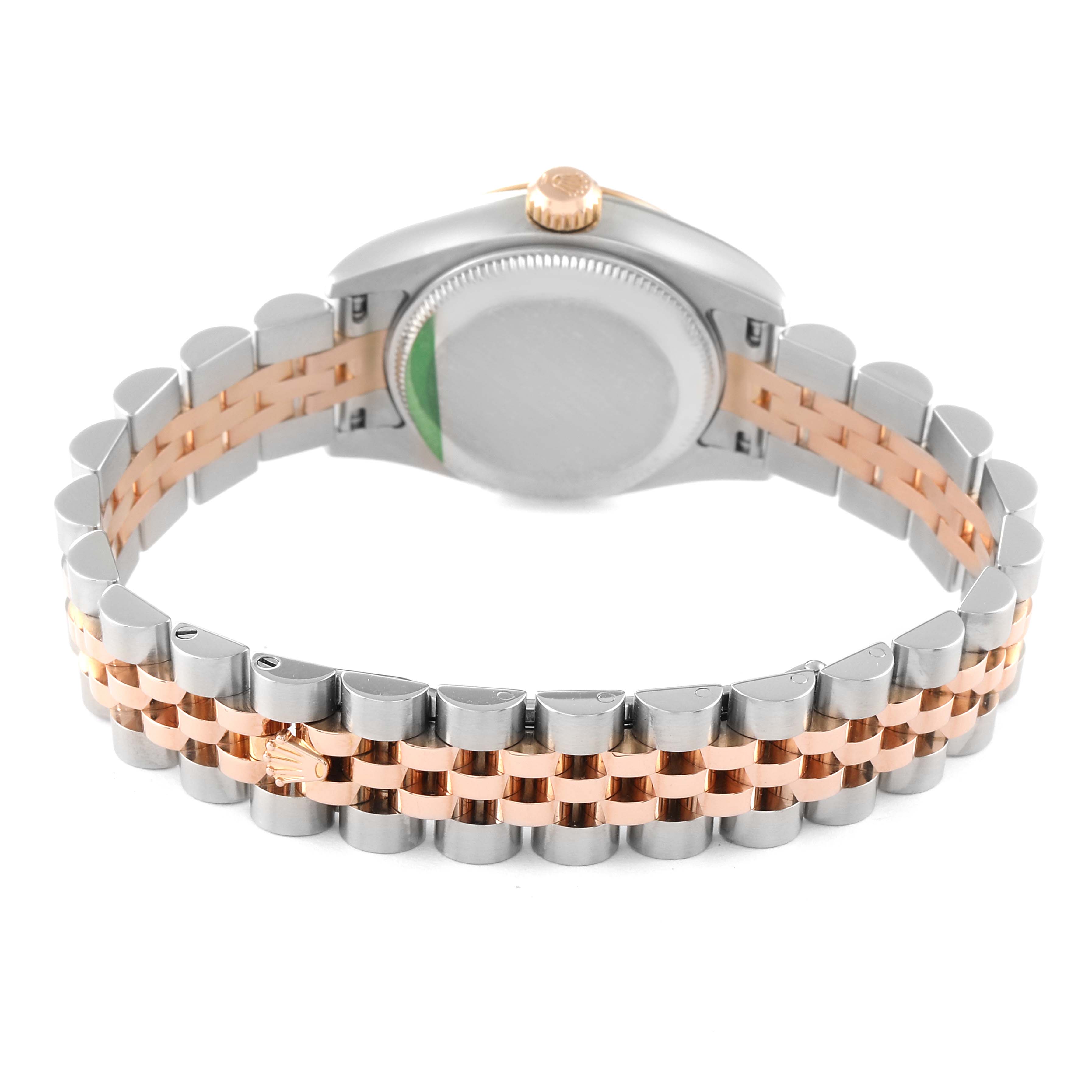 The image shows the back view of the bracelet and case of a Rolex Datejust 179171 Women
s Steel and Gold (two tone) White Dial 179171 Women
s Steel and Gold (two tone) White Dial watch, highlighting the bicolored metal links.