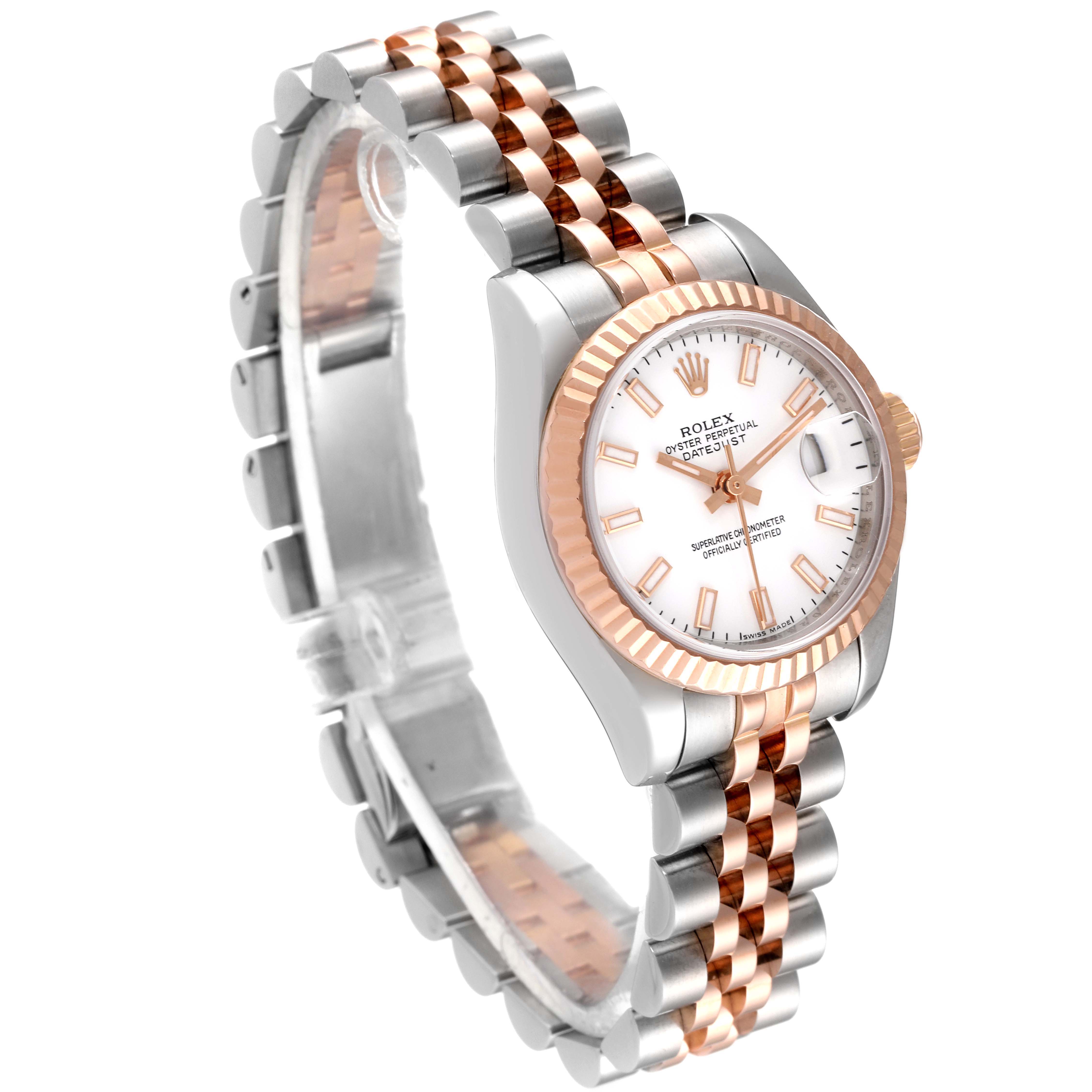 The image shows a Rolex Datejust 179171 Women
s Steel and Gold (two tone) White Dial 179171 Women
s Steel and Gold (two tone) White Dial watch at a slight angle, highlighting its two-tone bracelet, fluted bezel, and white dial.