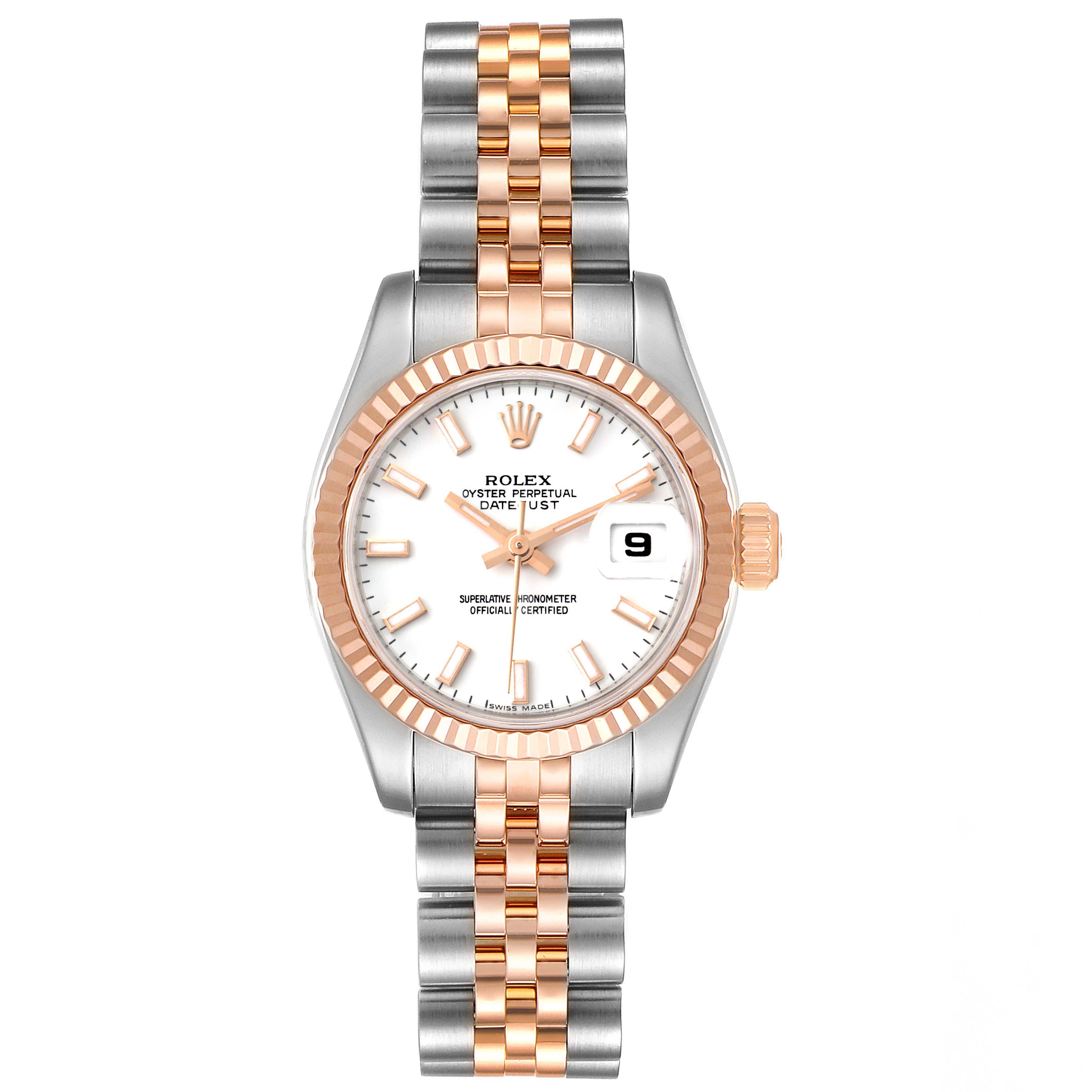 This image shows a front view of a Rolex Datejust 179171 Women
s Steel and Gold (two tone) White Dial 179171 Women
s Steel and Gold (two tone) White Dial watch, highlighting the dial, bezel, hands, and bracelet.