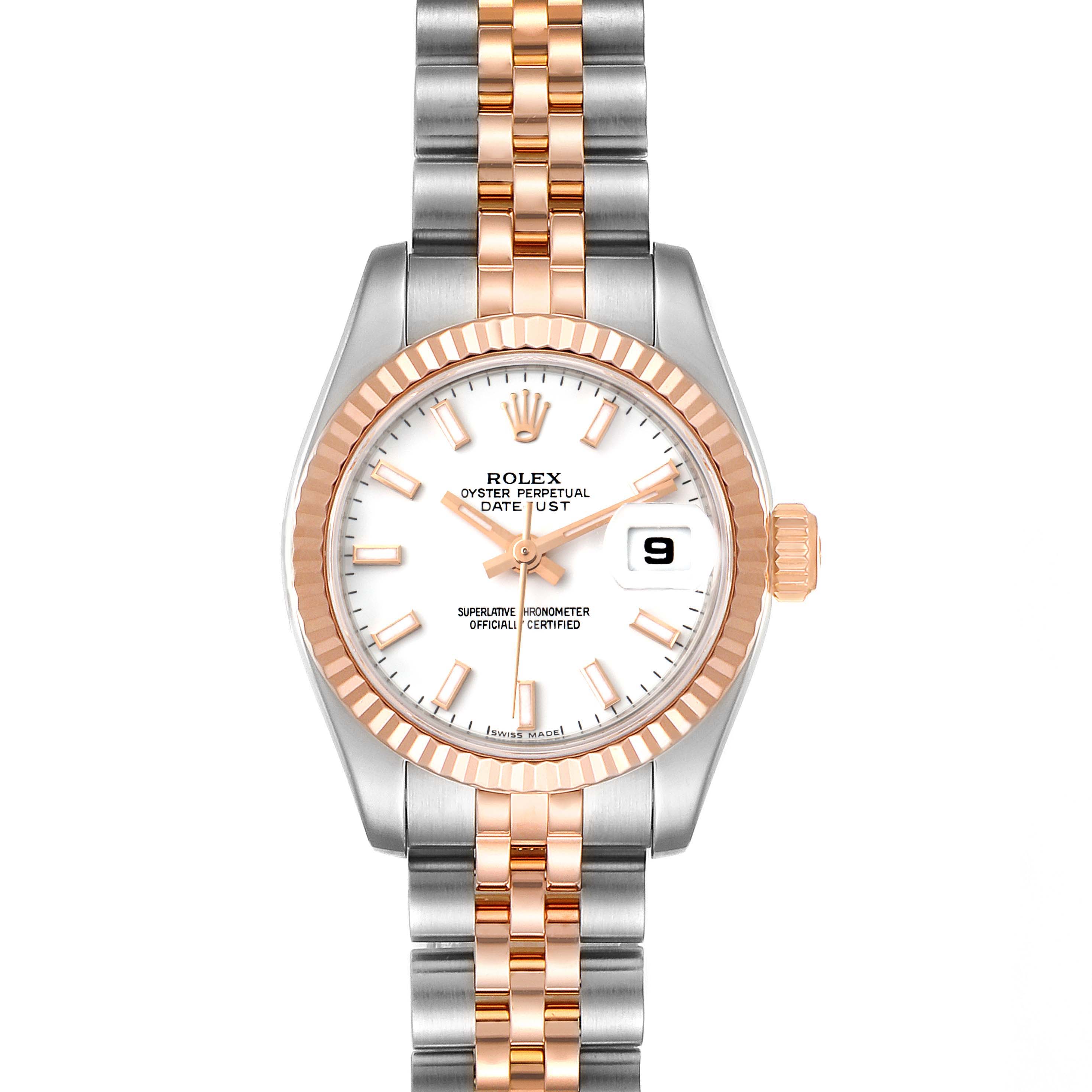 This image shows a frontal view of a Rolex Datejust 179171 Women
s Steel and Gold (two tone) White Dial 179171 Women
s Steel and Gold (two tone) White Dial watch, showcasing its dial, bezel, and bracelet.