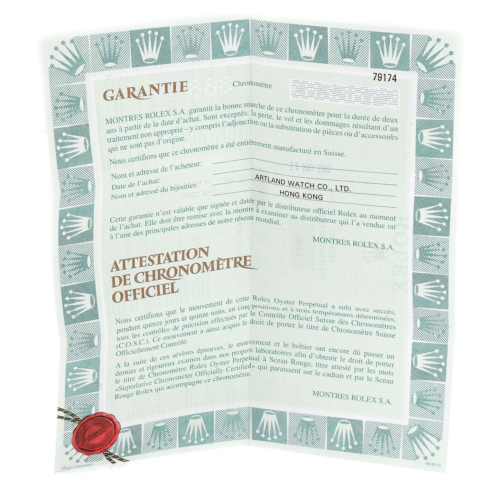 The image shows the warranty and certification document for a Rolex Datejust 79174 Women
s Stainless Steel Pink Dial 79174 Women
s Stainless Steel Pink Dial watch, highlighting official seals and information in French.