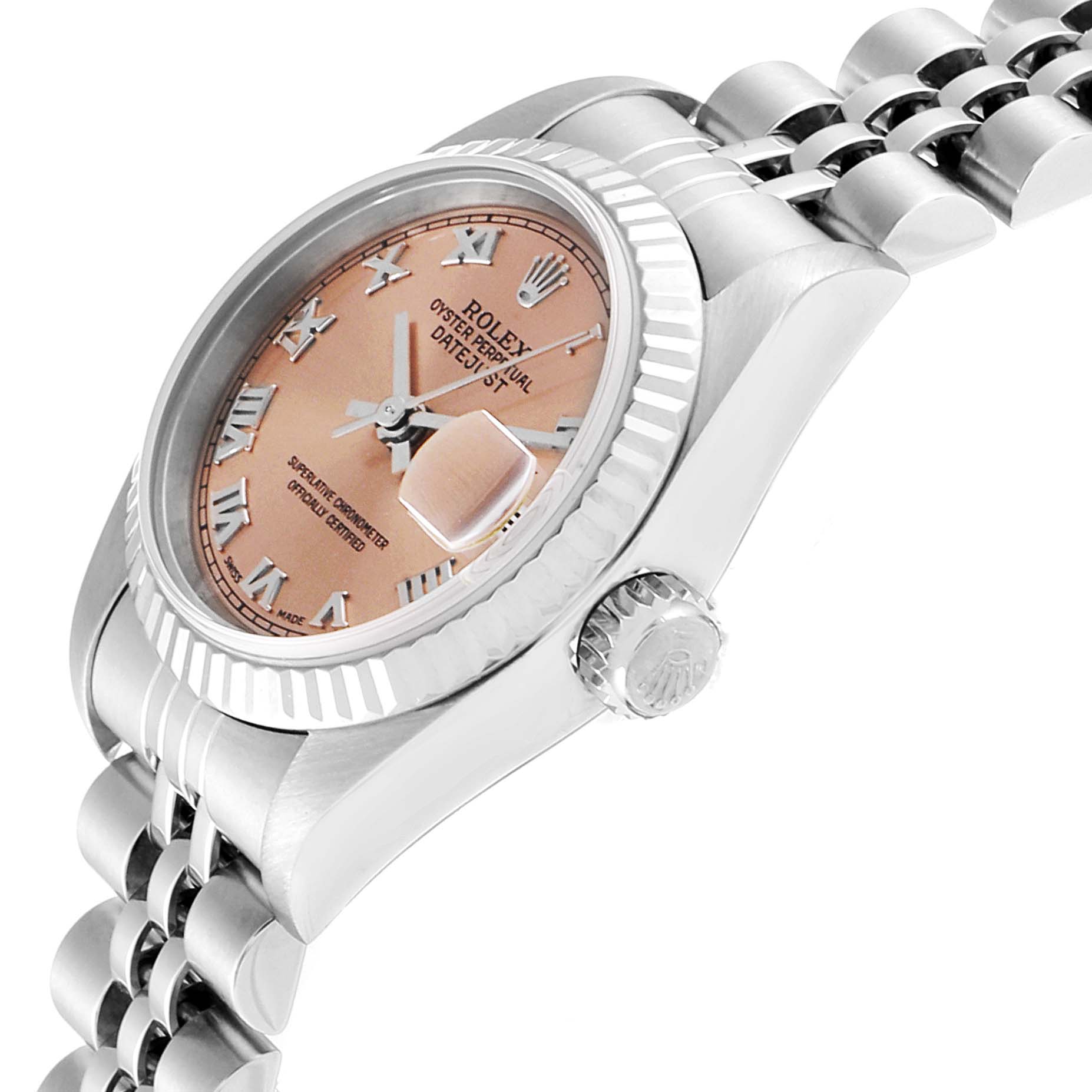 This image shows a side view of the Rolex Datejust 79174 Women
s Stainless Steel Pink Dial 79174 Women
s Stainless Steel Pink Dial watch, highlighting the crown, bezel, dial, and bracelet.