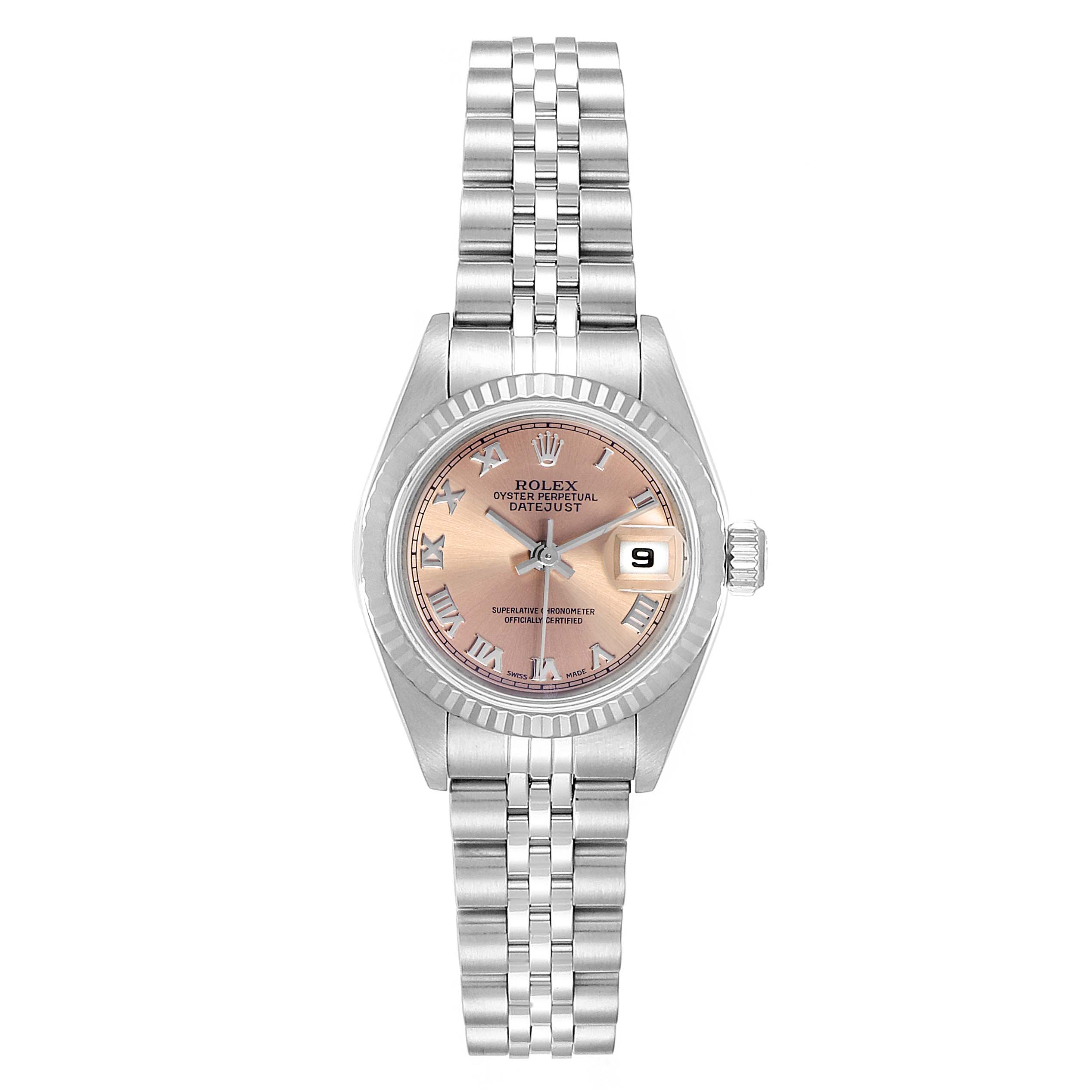The Rolex Datejust 79174 Women
s Stainless Steel Pink Dial 79174 Women
s Stainless Steel Pink Dial watch is shown from a top-down angle, displaying the face, case, bracelet, and the date magnifier.