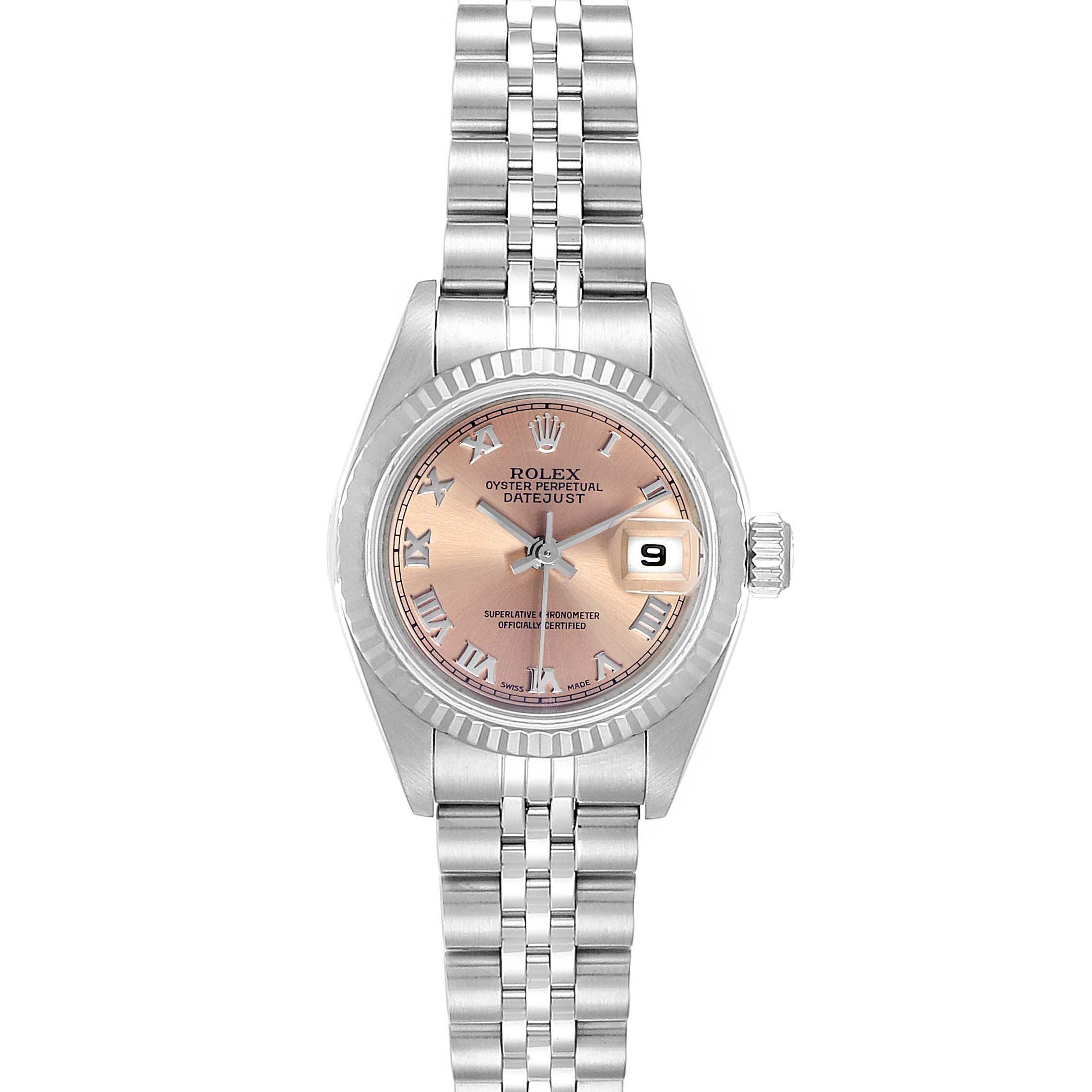 This image shows a Rolex Datejust 79174 Women
s Stainless Steel Pink Dial 79174 Women
s Stainless Steel Pink Dial watch from a top-down angle, displaying its face, bezel, dial, and part of the bracelet.