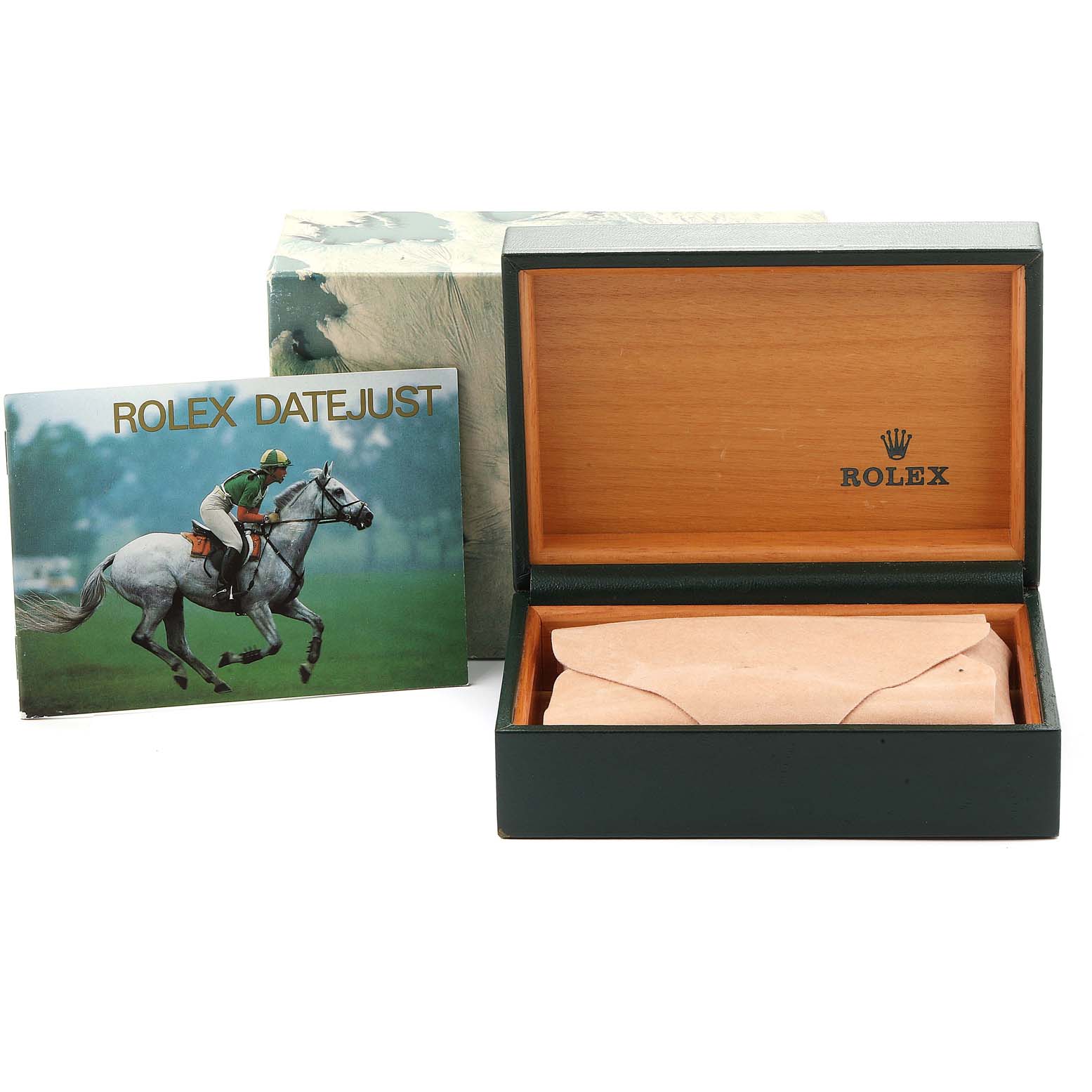 This image shows a Rolex Vintage Collection 16014 Men
s Stainless Steel Silver Dial 16014 Men
s Stainless Steel Silver Dial Datejust watch box, open, with accompanying booklet.