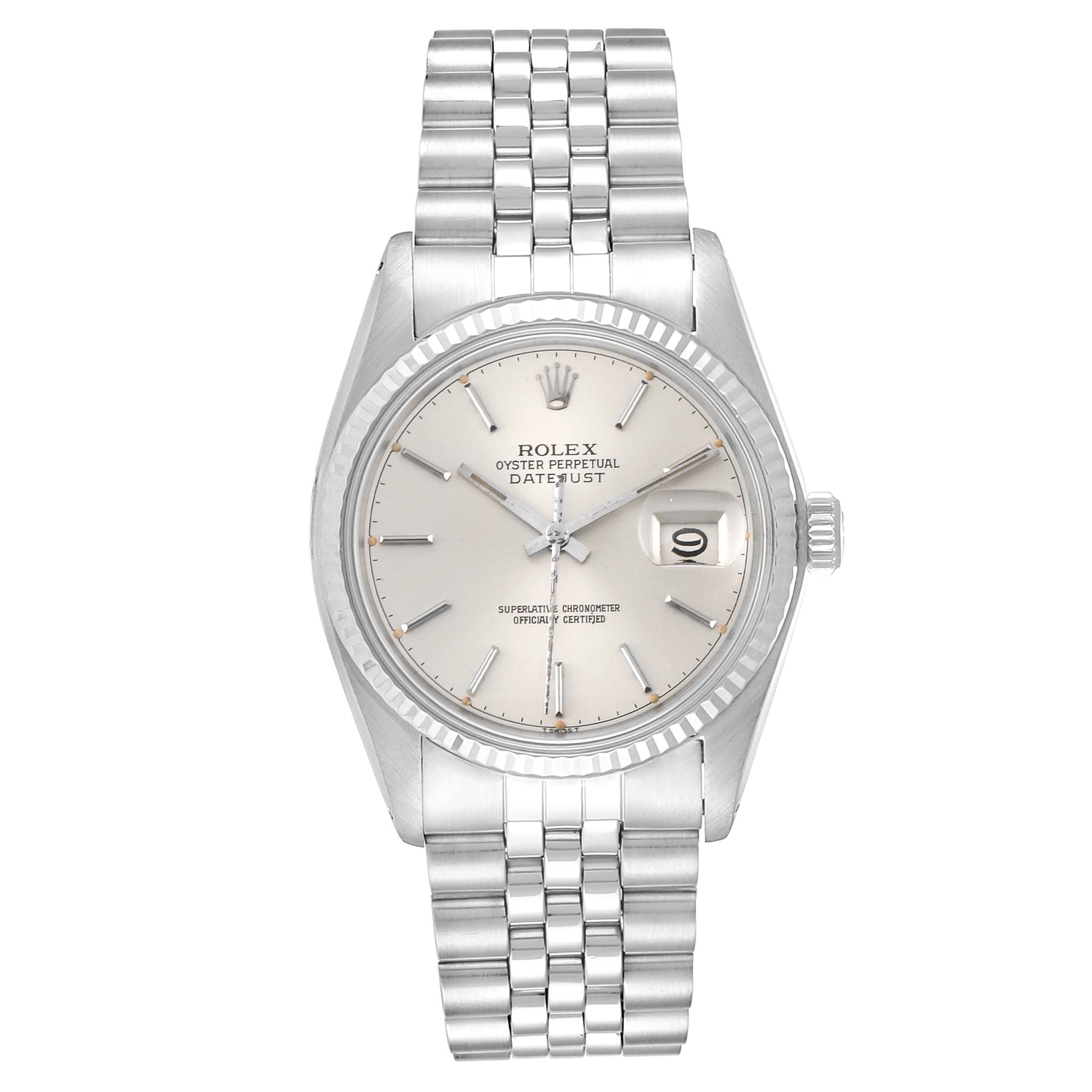 The image shows a front view of the Rolex Vintage Collection 16014 Men
s Stainless Steel Silver Dial 16014 Men
s Stainless Steel Silver Dial Oyster Perpetual Datejust watch, displaying its face and bracelet.