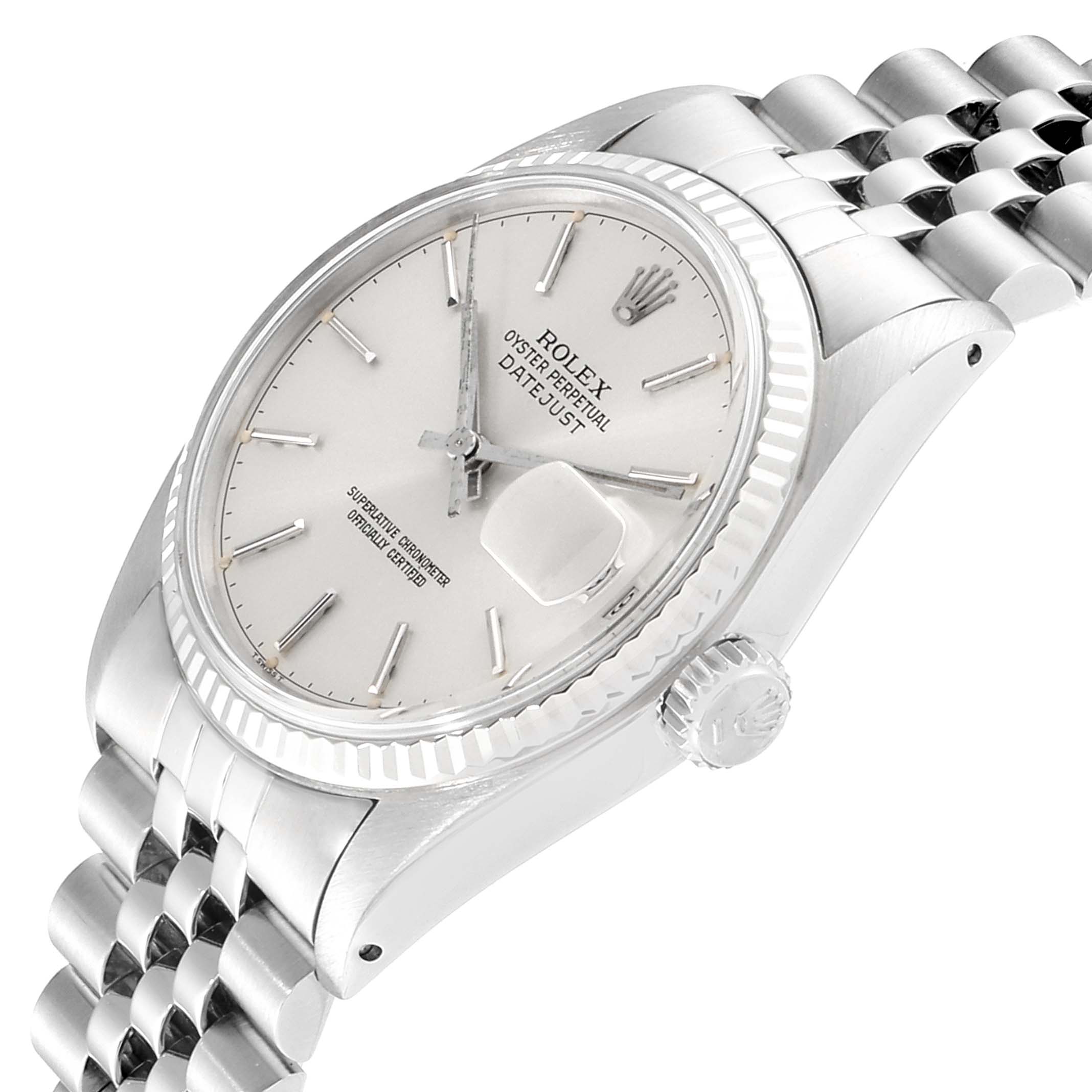The Rolex Vintage Collection 16014 Men
s Stainless Steel Silver Dial 16014 Men
s Stainless Steel Silver Dial watch is shown from an angled view displaying the dial, crown, bezel, and part of the bracelet.