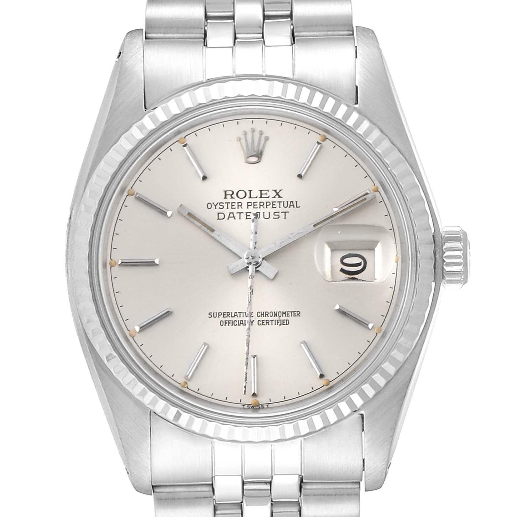 The image shows a frontal view of the Rolex Vintage Collection 16014 Men
s Stainless Steel Silver Dial 16014 Men
s Stainless Steel Silver Dial Datejust watch, highlighting its dial, hands, date window, and bracelet.