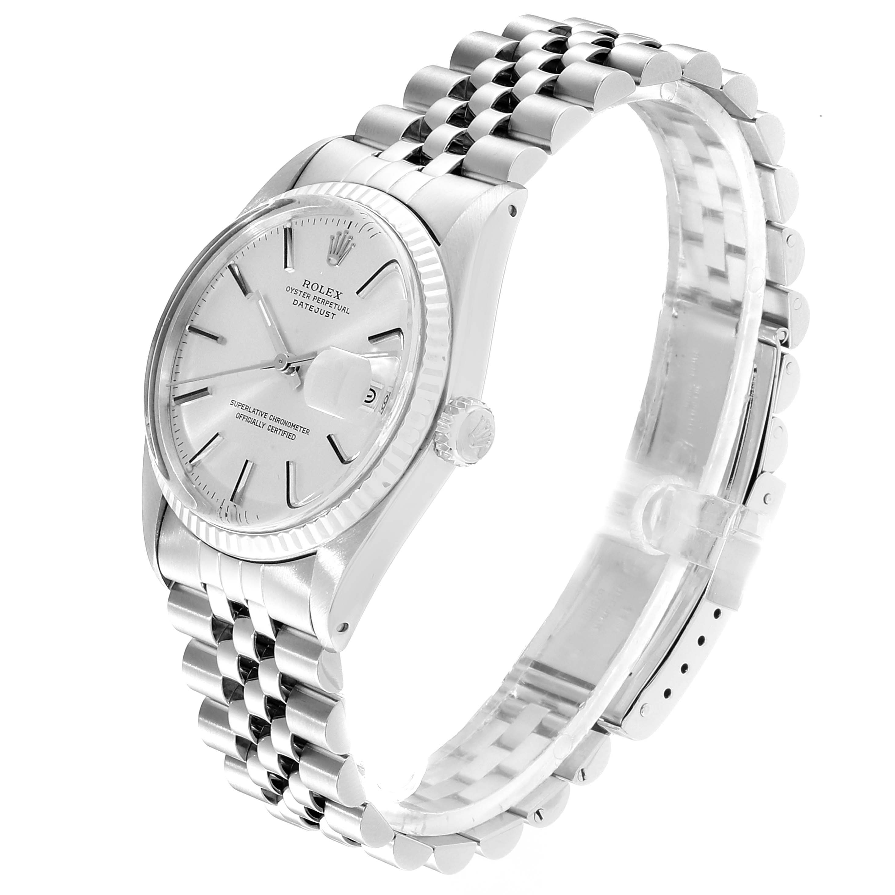 The image shows a side view of the Rolex Vintage Collection 16014 Men
s Stainless Steel Silver Dial 16014 Men
s Stainless Steel Silver Dial watch, showcasing its face, bezel, crown, and bracelet.