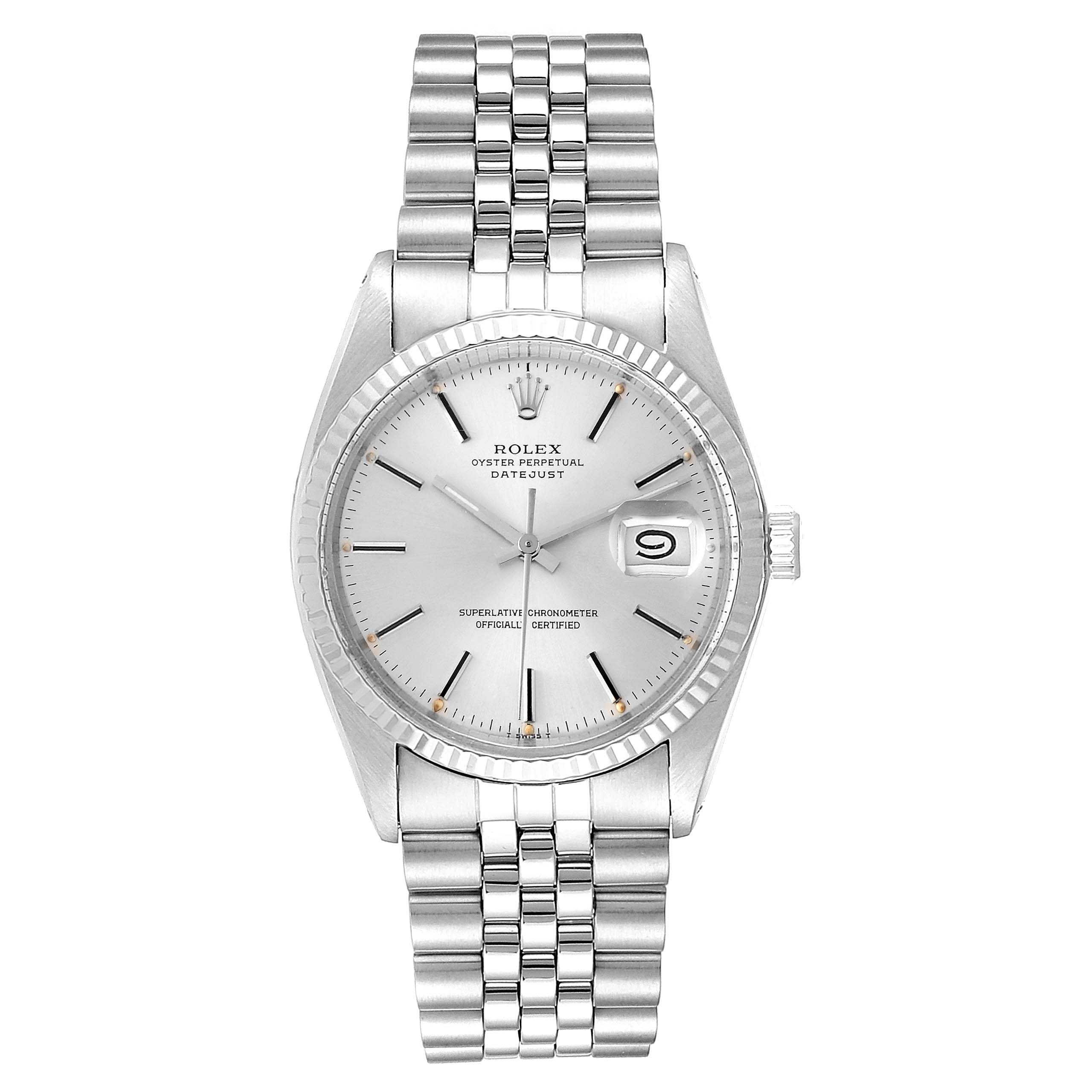 The Rolex Vintage Collection 16014 Men
s Stainless Steel Silver Dial 16014 Men
s Stainless Steel Silver Dial Oyster Perpetual Datejust watch is shown from a top-down angle, displaying its face, bracelet, and crown.