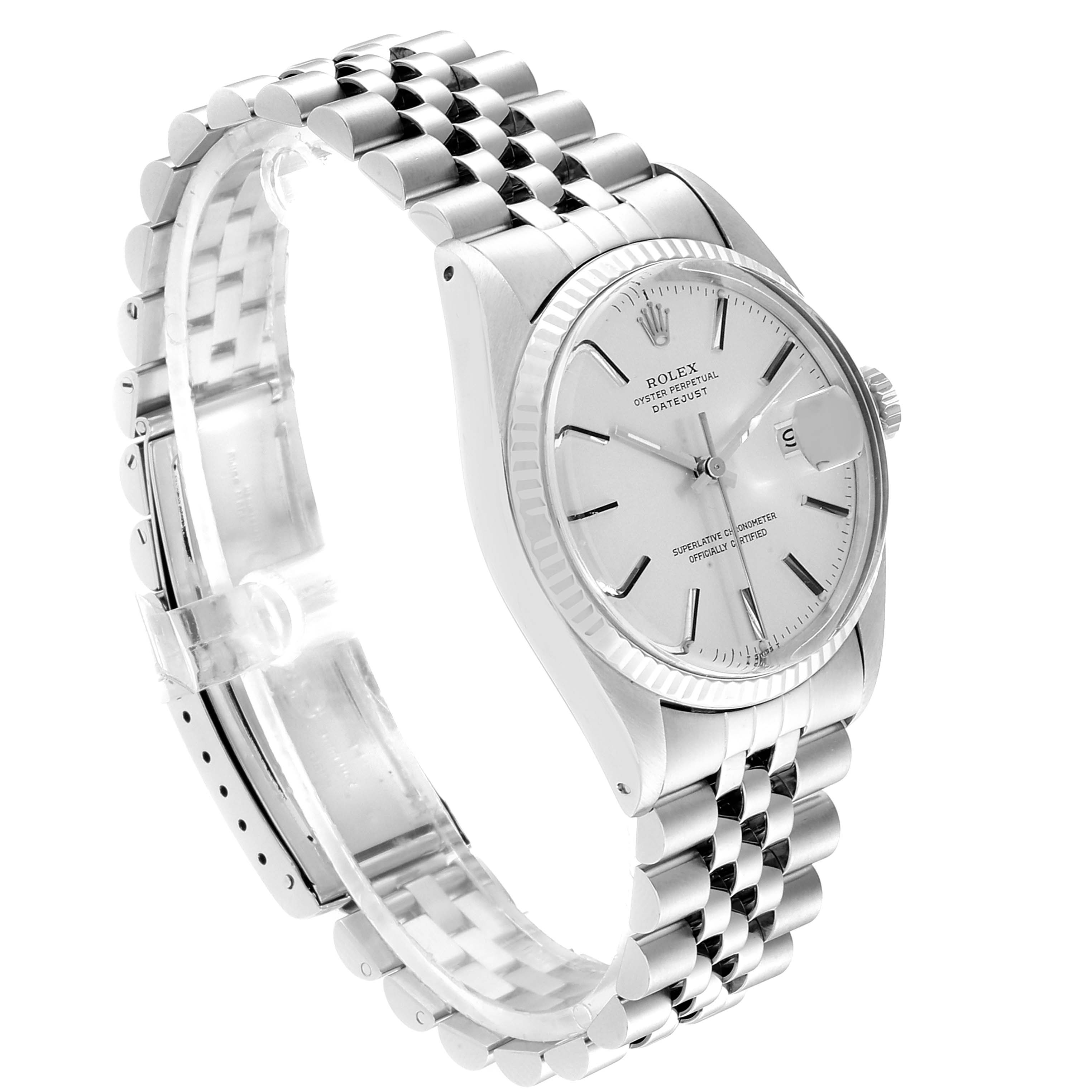 The Rolex Vintage Collection 16014 Men
s Stainless Steel Silver Dial 16014 Men
s Stainless Steel Silver Dial watch is shown at an angle highlighting its face, bezel, and metal bracelet.