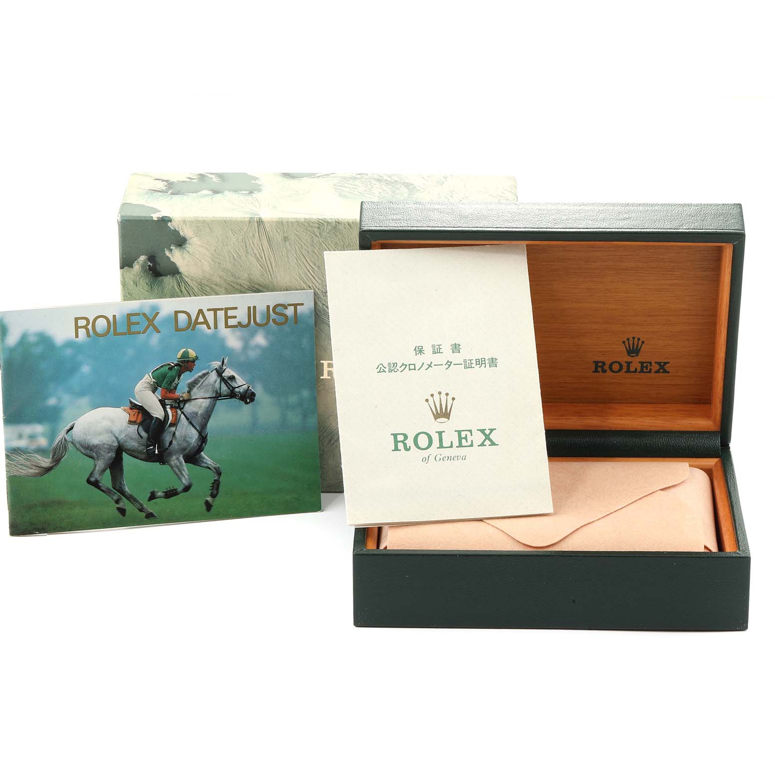 The image shows a Rolex Vintage Collection 16014 Men
s Stainless Steel Silver Dial 16014 Men
s Stainless Steel Silver Dial watch box, with manuals and warranty paperwork for the Rolex Datejust model.
