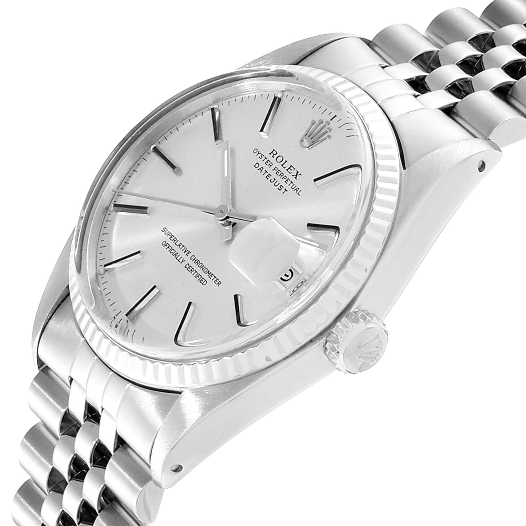 The image shows an angled side view of the Rolex Vintage Collection 16014 Men
s Stainless Steel Silver Dial 16014 Men
s Stainless Steel Silver Dial Datejust, highlighting the dial, bezel, crown, and part of the bracelet.