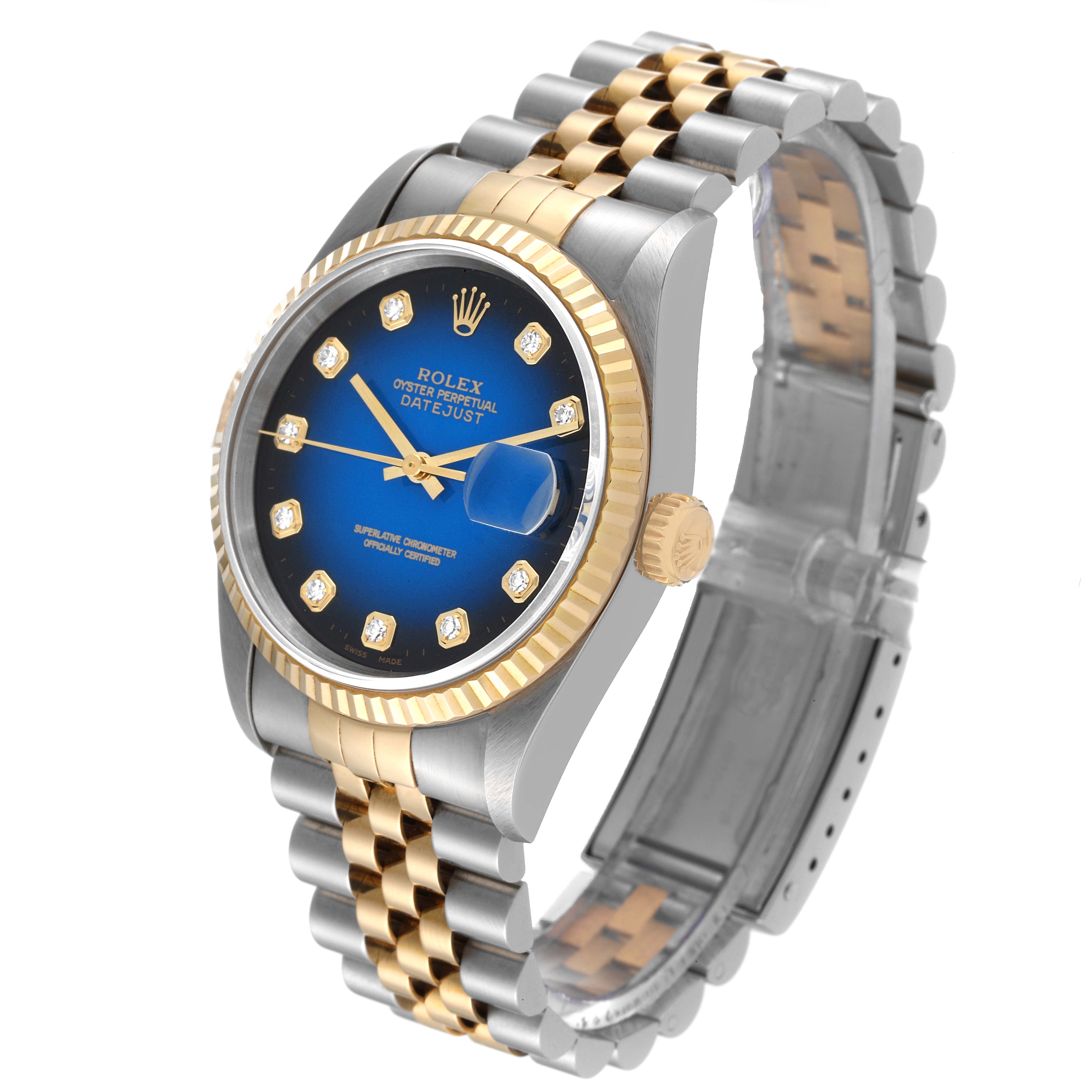 This Rolex Datejust 16233 Men's Steel and Gold (two tone) Blue Dial 16233 Men's Steel and Gold (two tone) Blue Dial watch is shown at a three-quarter angle displaying the face, bezel, crown, and bracelet.