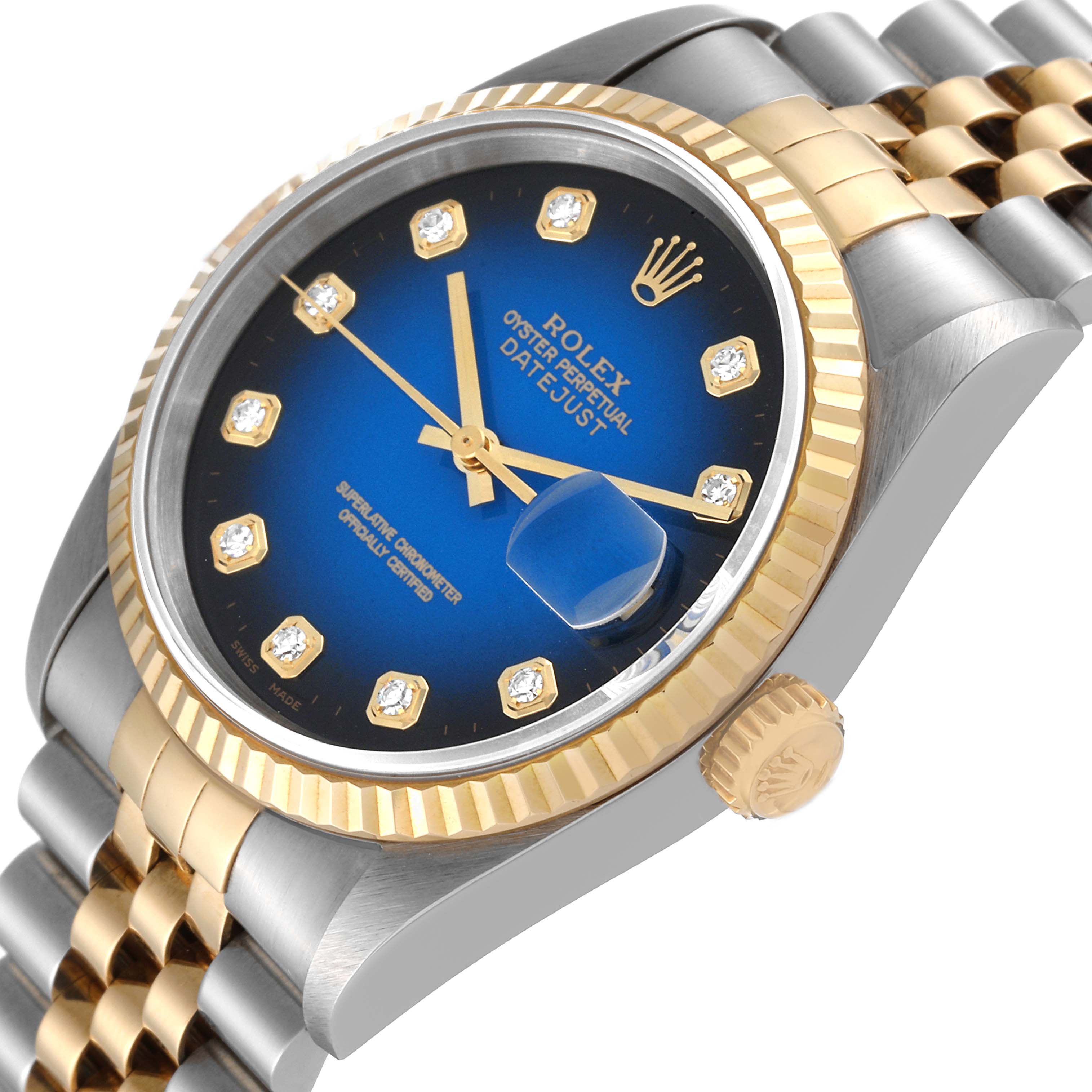 The Rolex Datejust 16233 Men's Steel and Gold (two tone) Blue Dial 16233 Men's Steel and Gold (two tone) Blue Dial watch is shown at an angle displaying the dial, crown, bezel, and part of the bracelet.