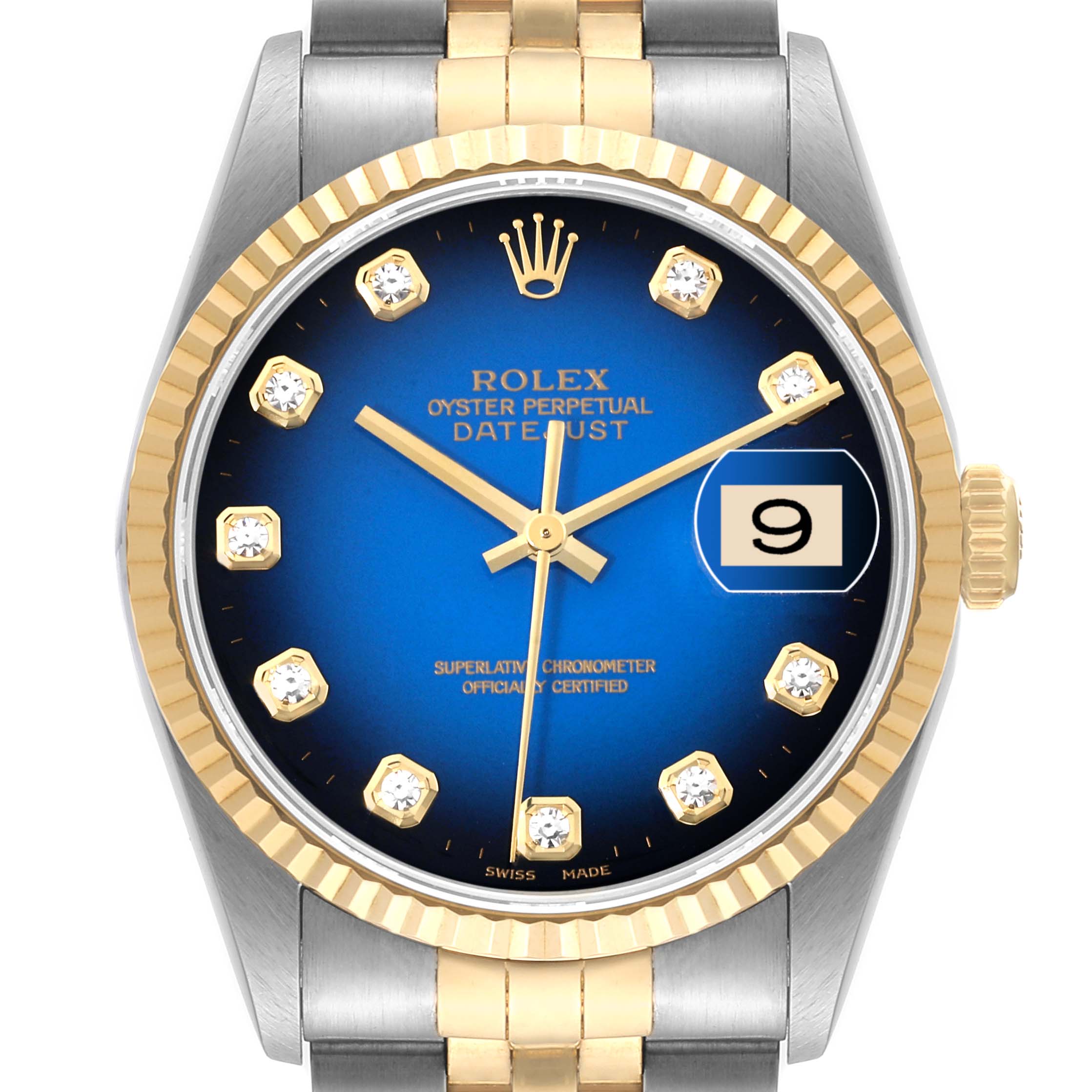 The image shows a front view of a Rolex Datejust 16233 Men's Steel and Gold (two tone) Blue Dial 16233 Men's Steel and Gold (two tone) Blue Dial watch featuring a blue dial, diamond hour markers, and a gold and silver bracelet.