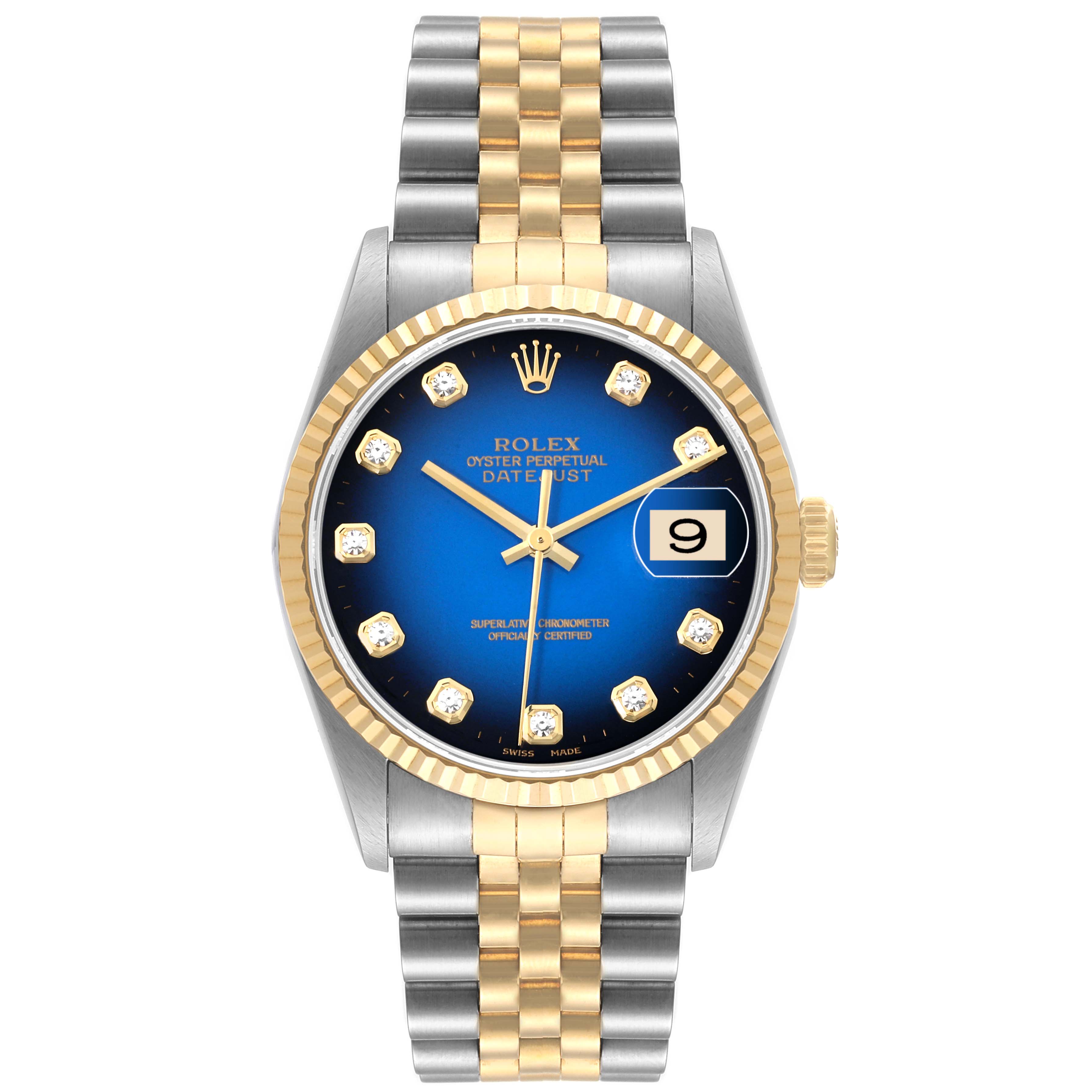 The image shows a frontal view of a Rolex Datejust 16233 Men's Steel and Gold (two tone) Blue Dial 16233 Men's Steel and Gold (two tone) Blue Dial watch with a blue dial, diamond hour markers, and a gold and silver bracelet.