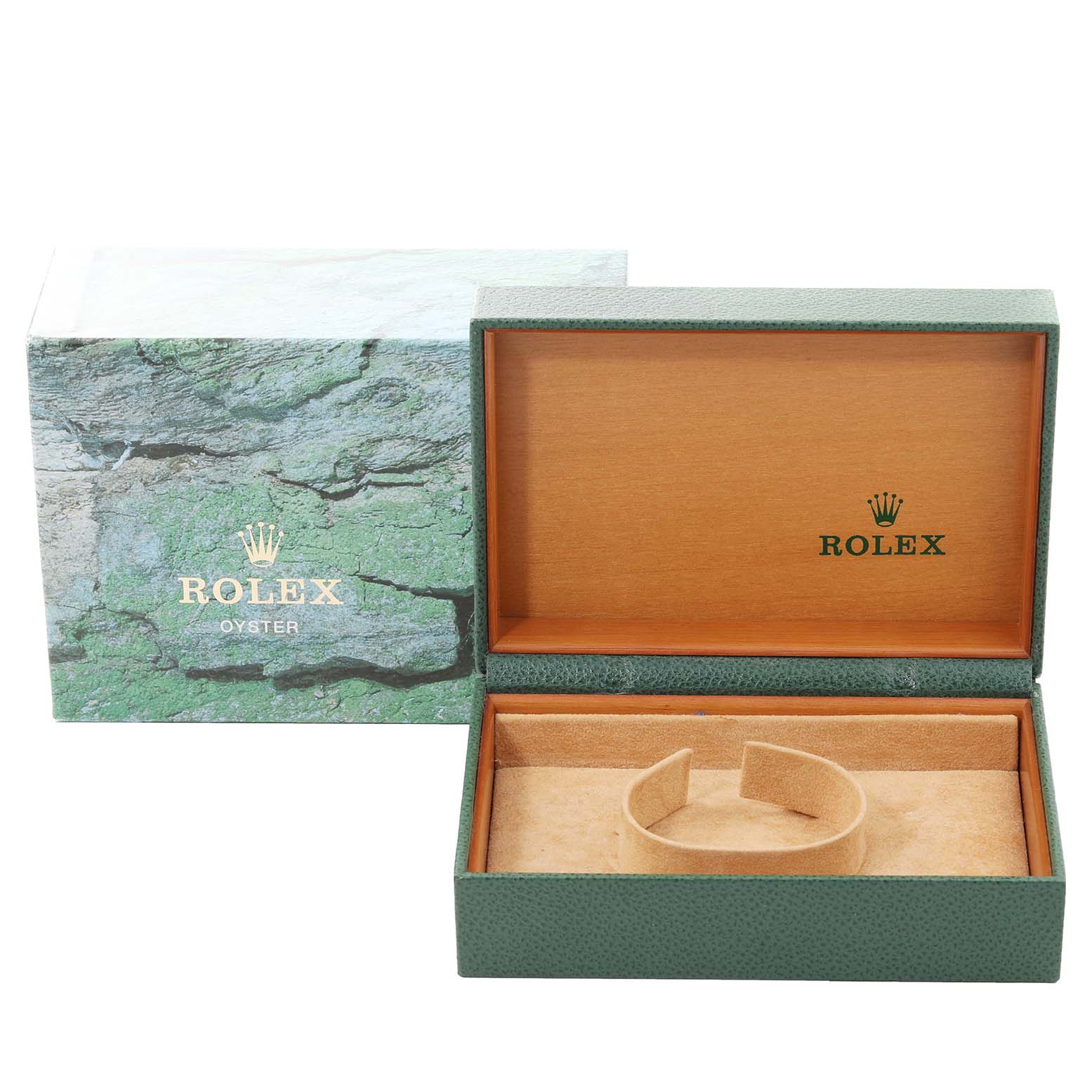 The image shows the open box for a Rolex Datejust 16233 Men's Steel and Gold (two tone) Blue Dial 16233 Men's Steel and Gold (two tone) Blue Dial watch, revealing the inner cushion and watch holder.