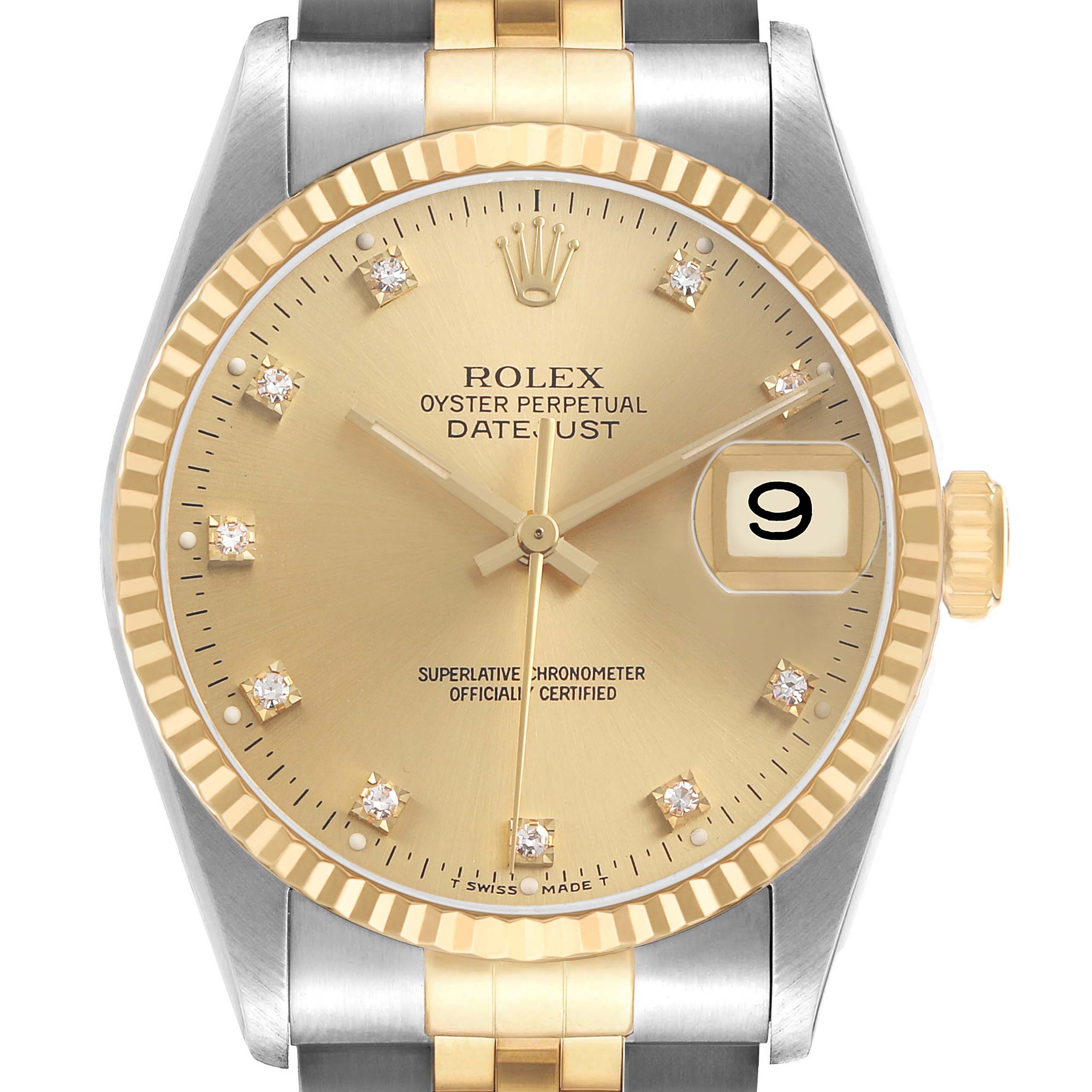 The Rolex Datejust 16233 Men's Steel and Gold (two tone) Champagne Dial watch is shown from the front, highlighting its dial, fluted bezel, and bracelet.