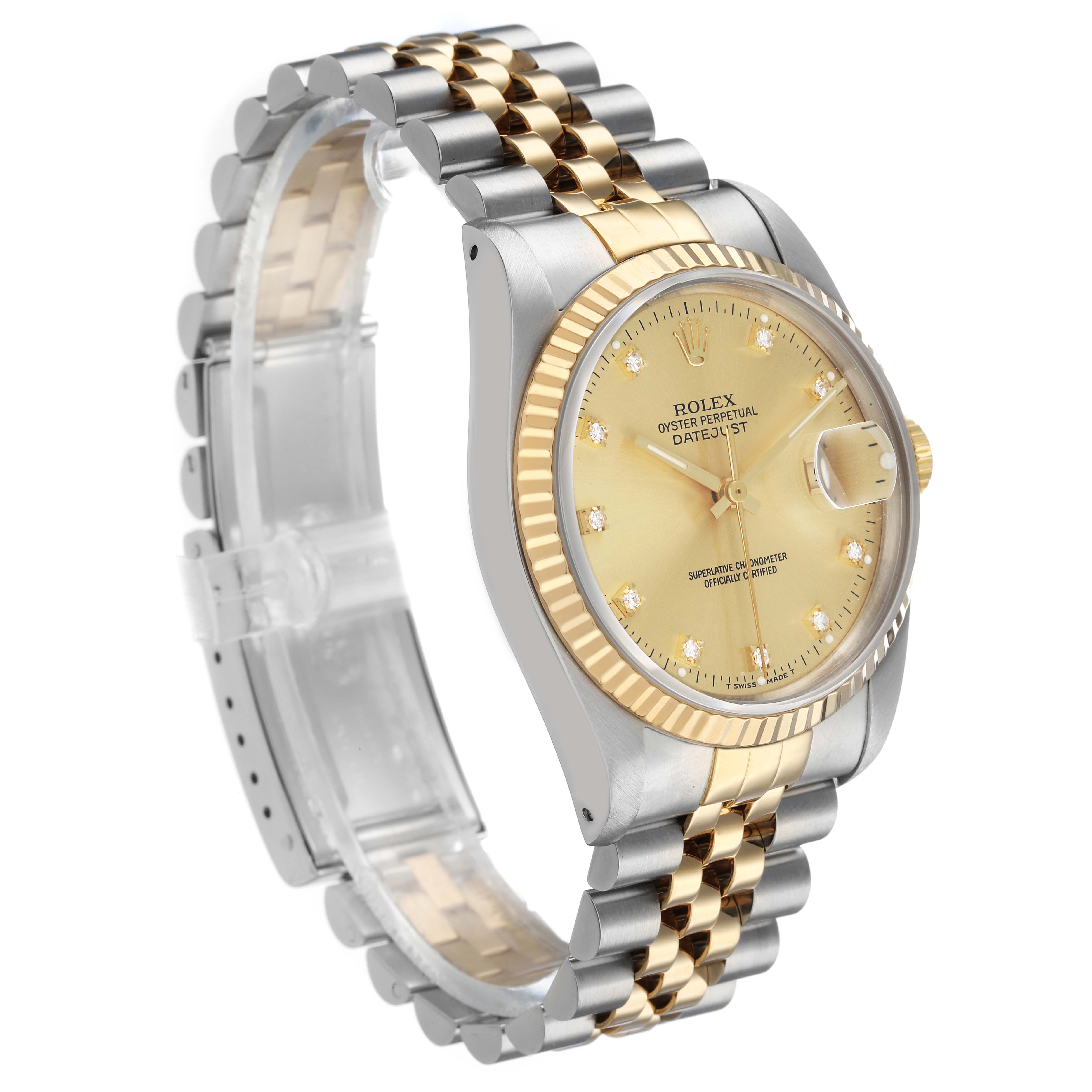 The Rolex Datejust 16233 Men's Steel and Gold (two tone) Champagne Dial watch is shown at a slight angle, highlighting the gold fluted bezel, champagne dial, and two-tone bracelet.