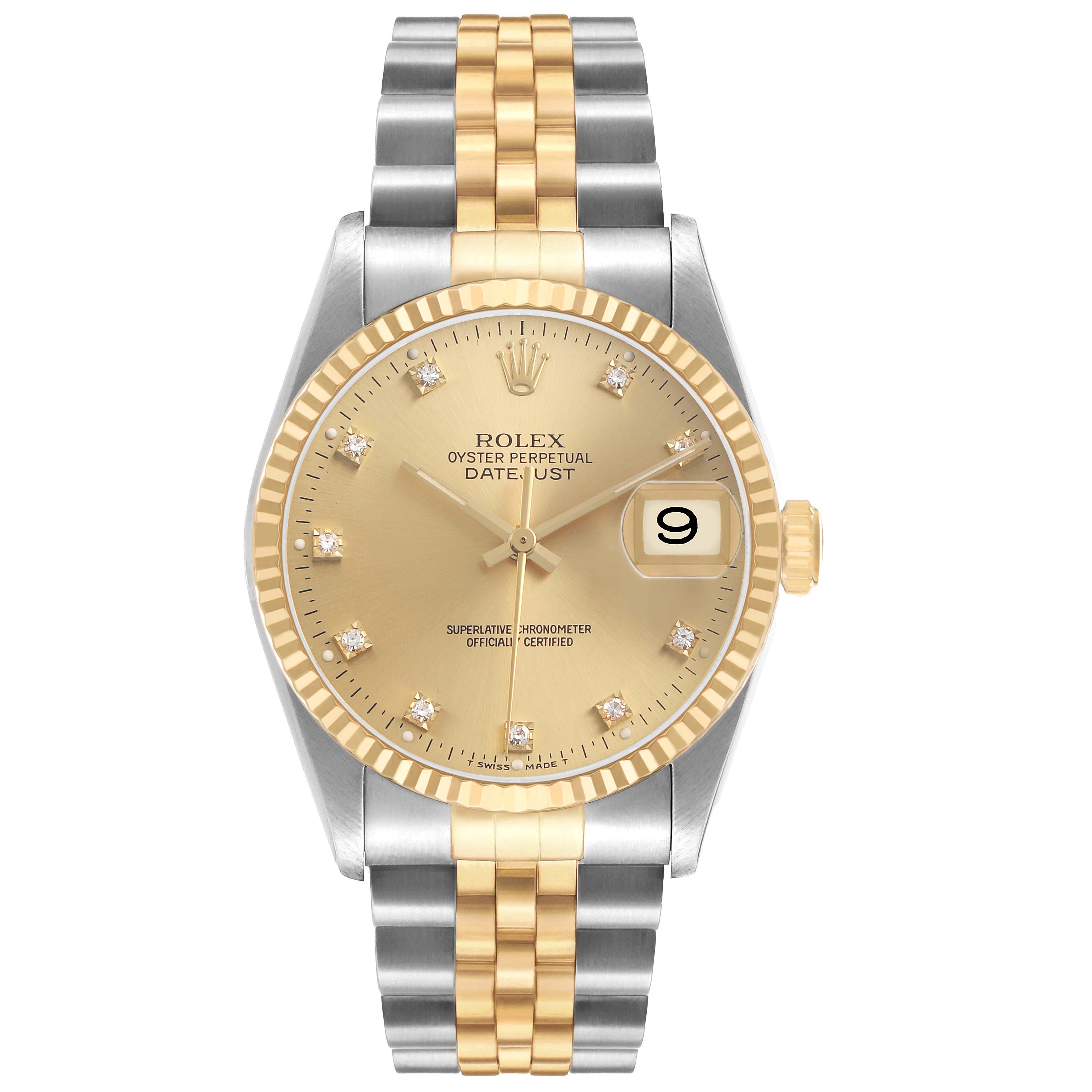 The Rolex Datejust 16233 Men's Steel and Gold (two tone) Champagne Dial watch is shown from a front angle, highlighting the dial, bezel, case, crown, and Jubilee bracelet.