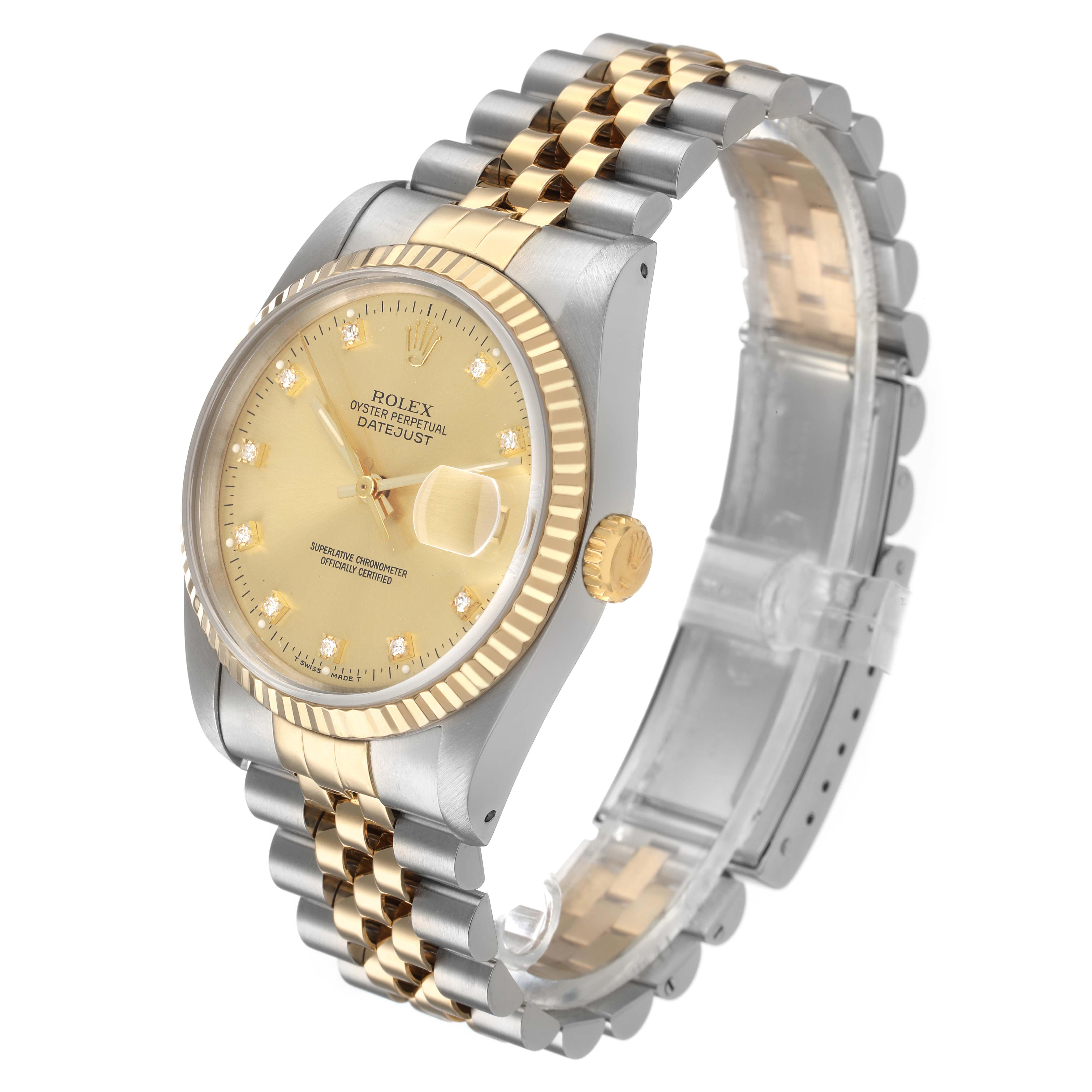 The Rolex Datejust 16233 Men's Steel and Gold (two tone) Champagne Dial watch is shown from a three-quarter angle, highlighting the bezel, dial, bracelet, and crown.
