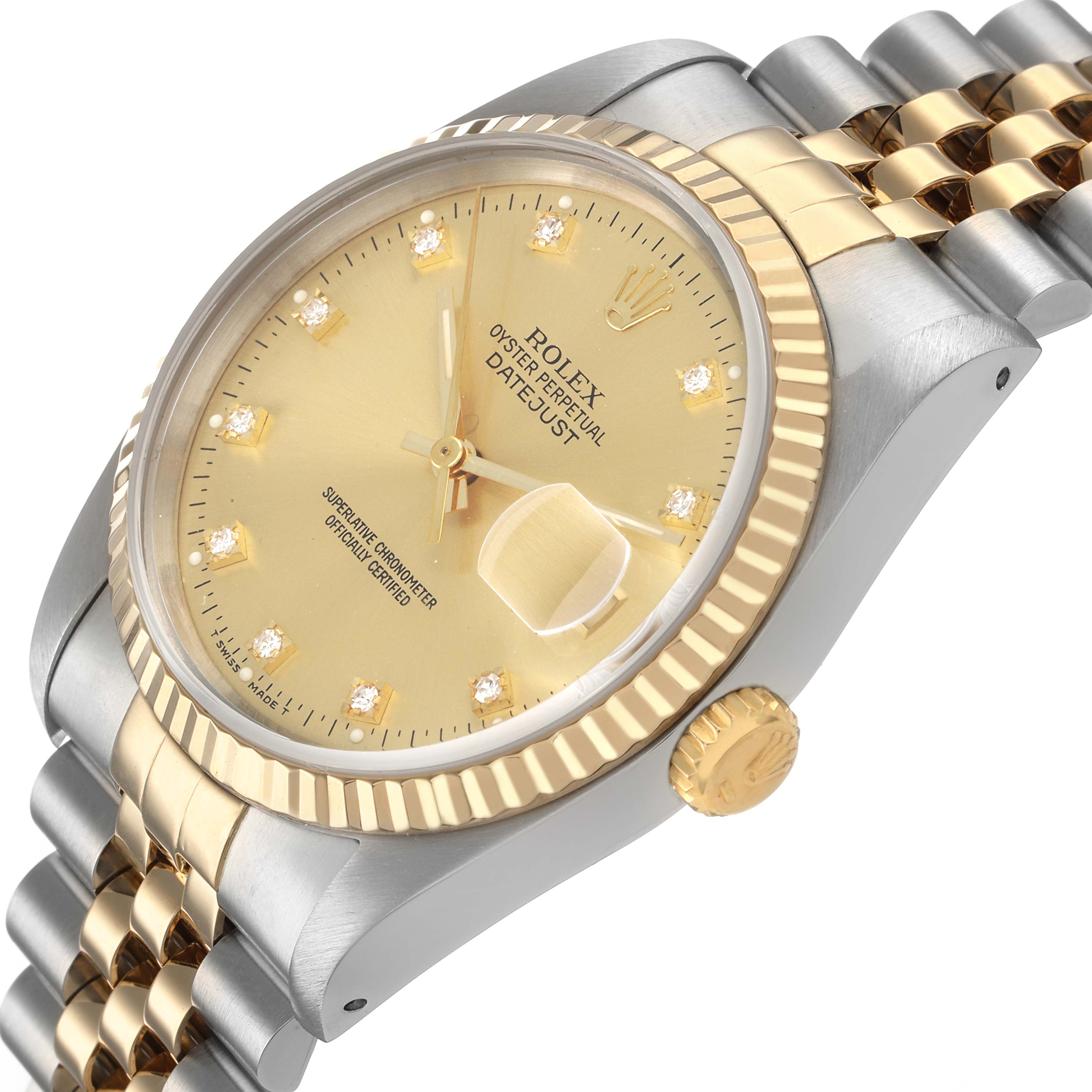 The Rolex Datejust 16233 Men's Steel and Gold (two tone) Champagne Dial is shown at an angled view highlighting the champagne dial, fluted bezel, crown, and two-tone bracelet.