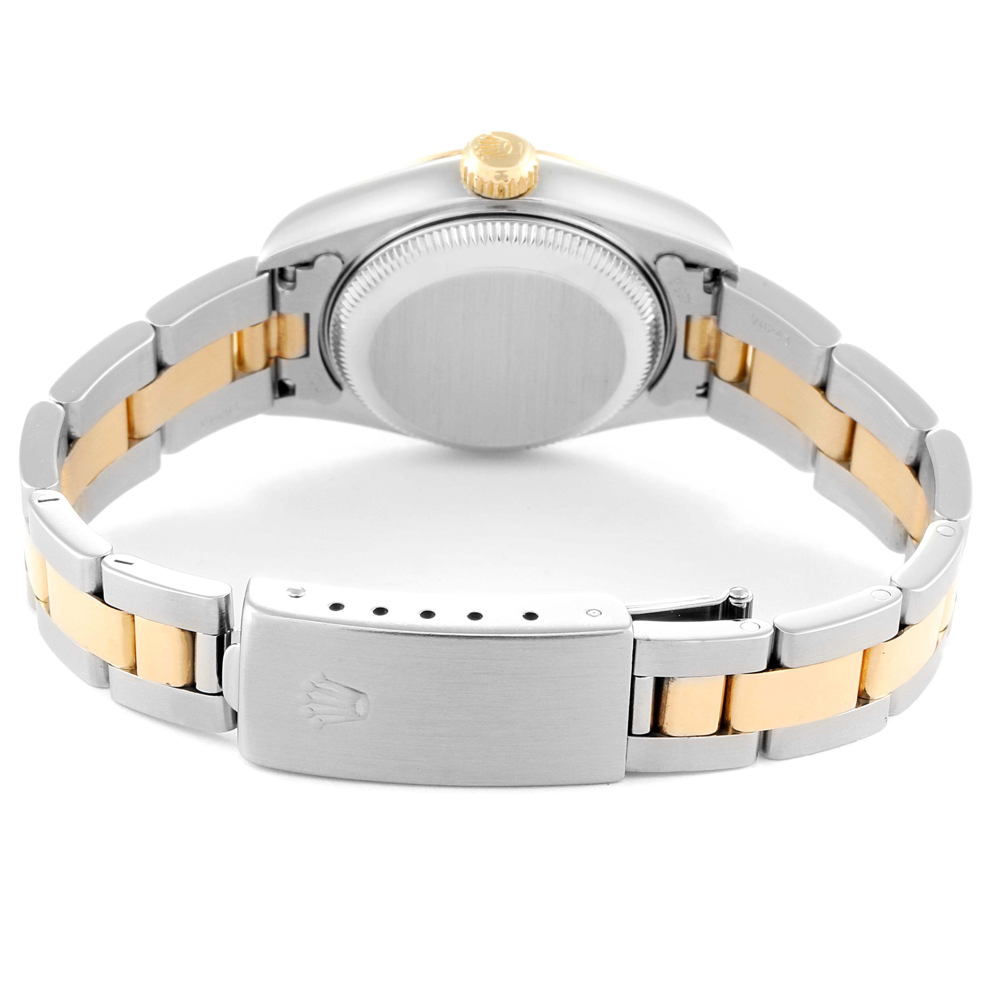 The image shows the back of a Rolex Datejust 79163 Women's Steel and Gold (two tone) White Dial 79163 Women's Steel and Gold (two tone) White Dial watch, highlighting its clasp, bracelet, case back, and crown.