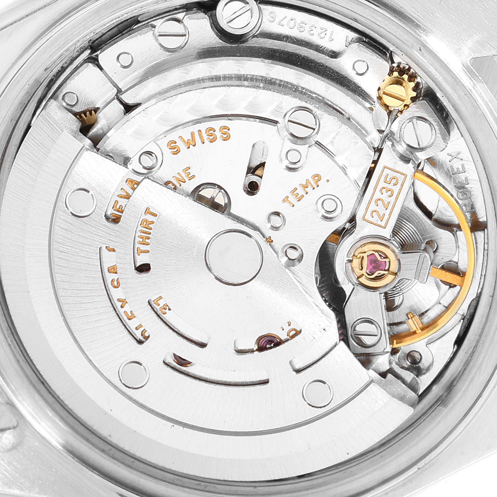 The image shows the internal mechanism of the Rolex Datejust 79163 Women's Steel and Gold (two tone) White Dial 79163 Women's Steel and Gold (two tone) White Dial watch, highlighting its intricate mechanical parts.