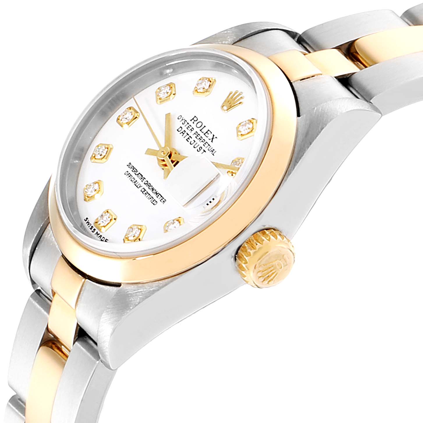 The image shows a side view of a Rolex Datejust 79163 Women's Steel and Gold (two tone) White Dial 79163 Women's Steel and Gold (two tone) White Dial watch, highlighting the bezel, crown, and part of the bracelet.