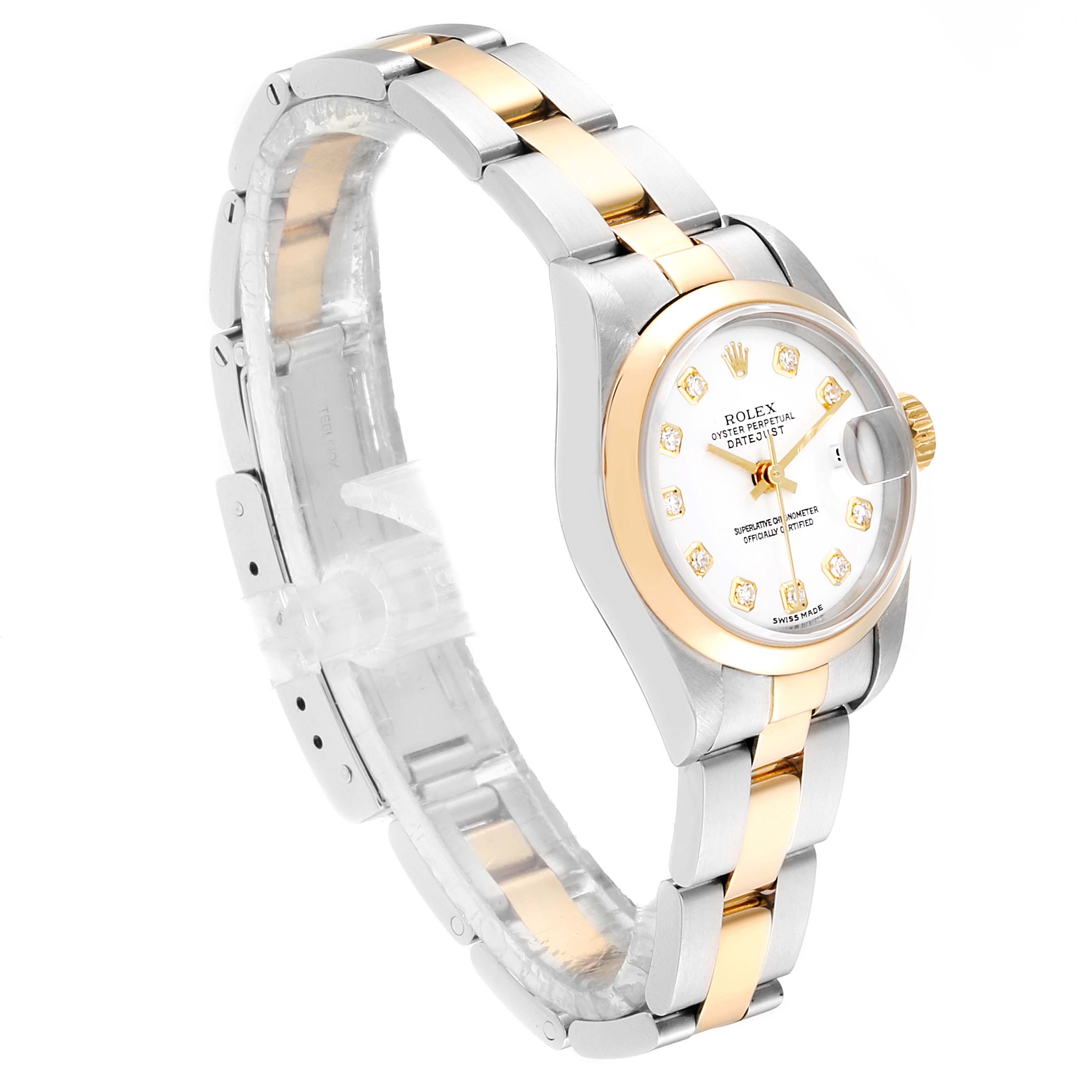 This image shows a side angle of a Rolex Datejust 79163 Women's Steel and Gold (two tone) White Dial 79163 Women's Steel and Gold (two tone) White Dial watch, highlighting its two-tone bracelet, diamond markers, and gold bezel.