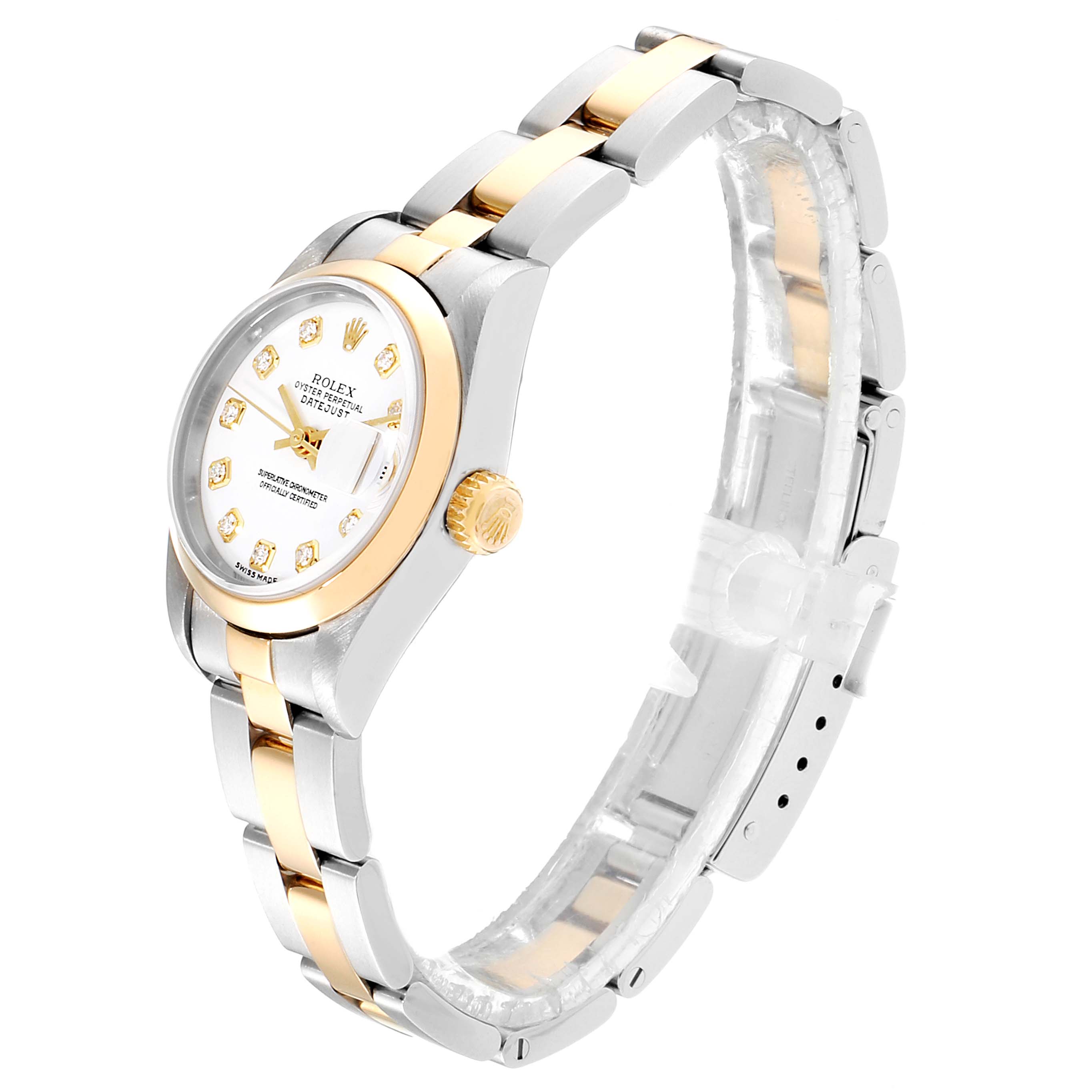 The Rolex Datejust 79163 Women's Steel and Gold (two tone) White Dial 79163 Women's Steel and Gold (two tone) White Dial model watch is shown at a three-quarter angle, highlighting the dial, bezel, and partially extended two-tone bracelet.