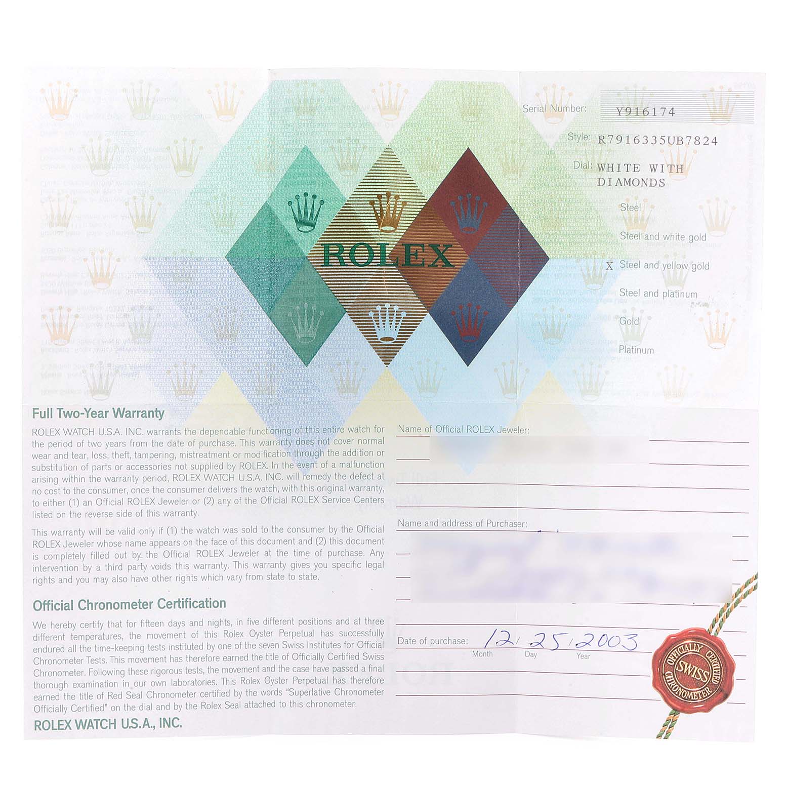 This image shows the warranty card for the Rolex Datejust 79163 Women's Steel and Gold (two tone) White Dial 79163 Women's Steel and Gold (two tone) White Dial model.