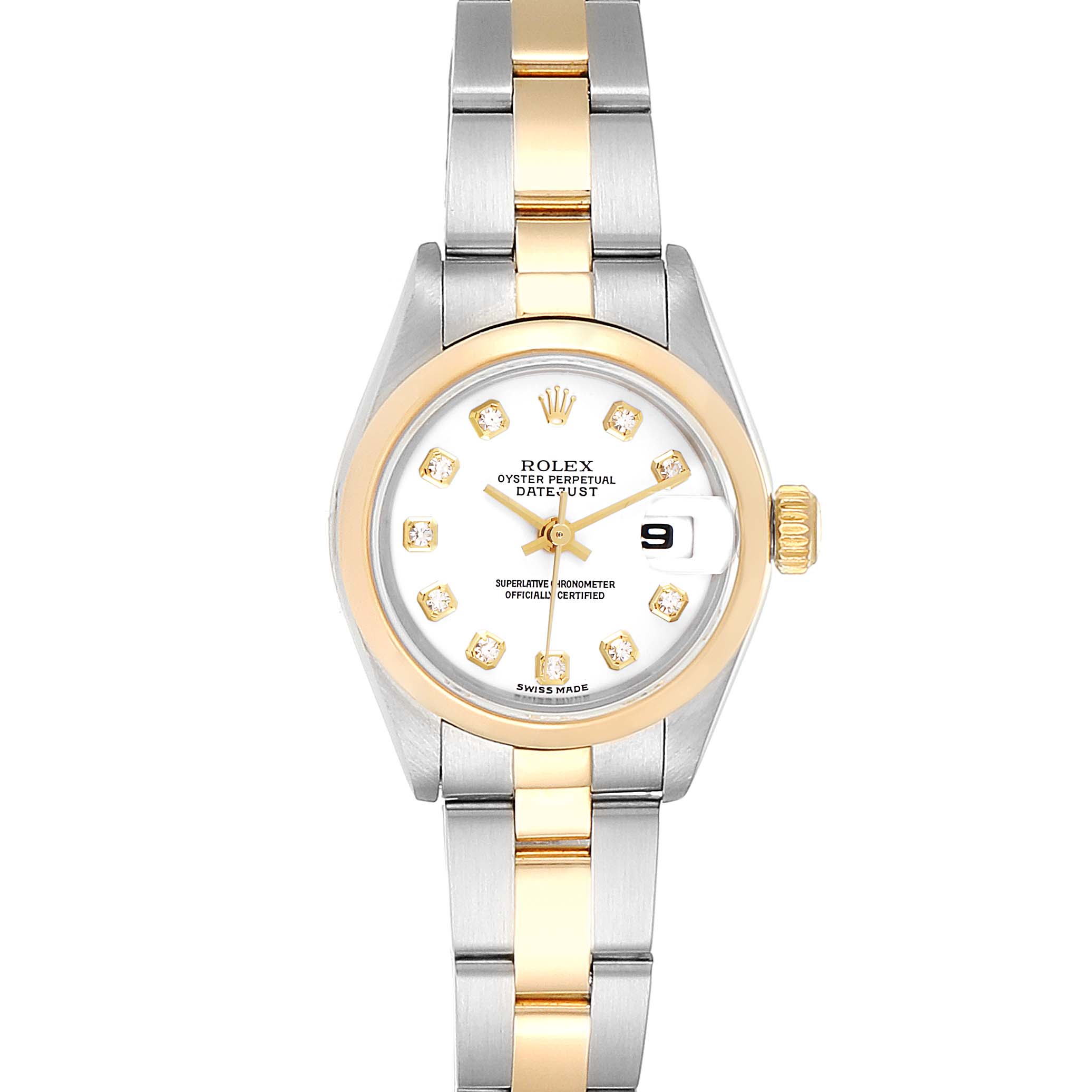 This image shows a front view of a Rolex Datejust 79163 Women's Steel and Gold (two tone) White Dial 79163 Women's Steel and Gold (two tone) White Dial watch, displaying the dial, hands, bezel, and bracelet.