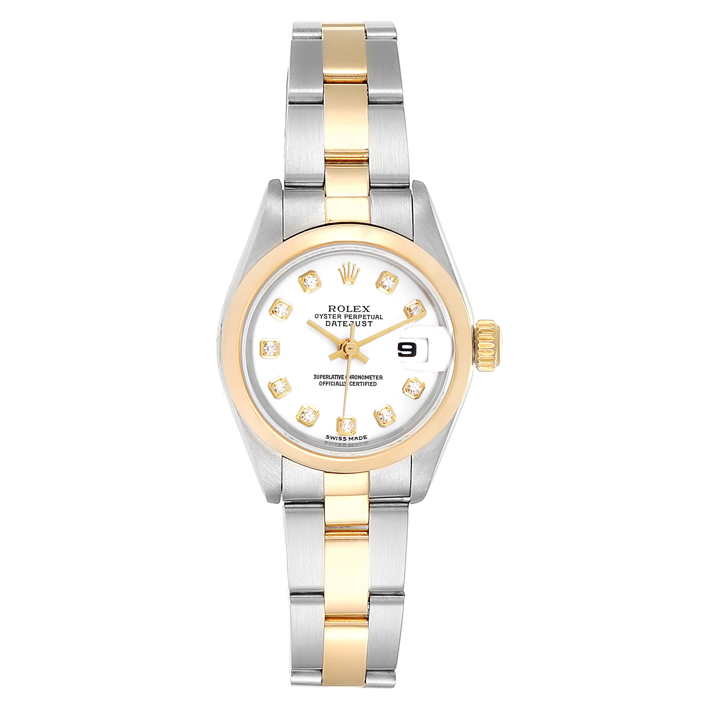 This image shows a front view of a Rolex Datejust 79163 Women's Steel and Gold (two tone) White Dial 79163 Women's Steel and Gold (two tone) White Dial, highlighting the dial and two-tone bracelet.