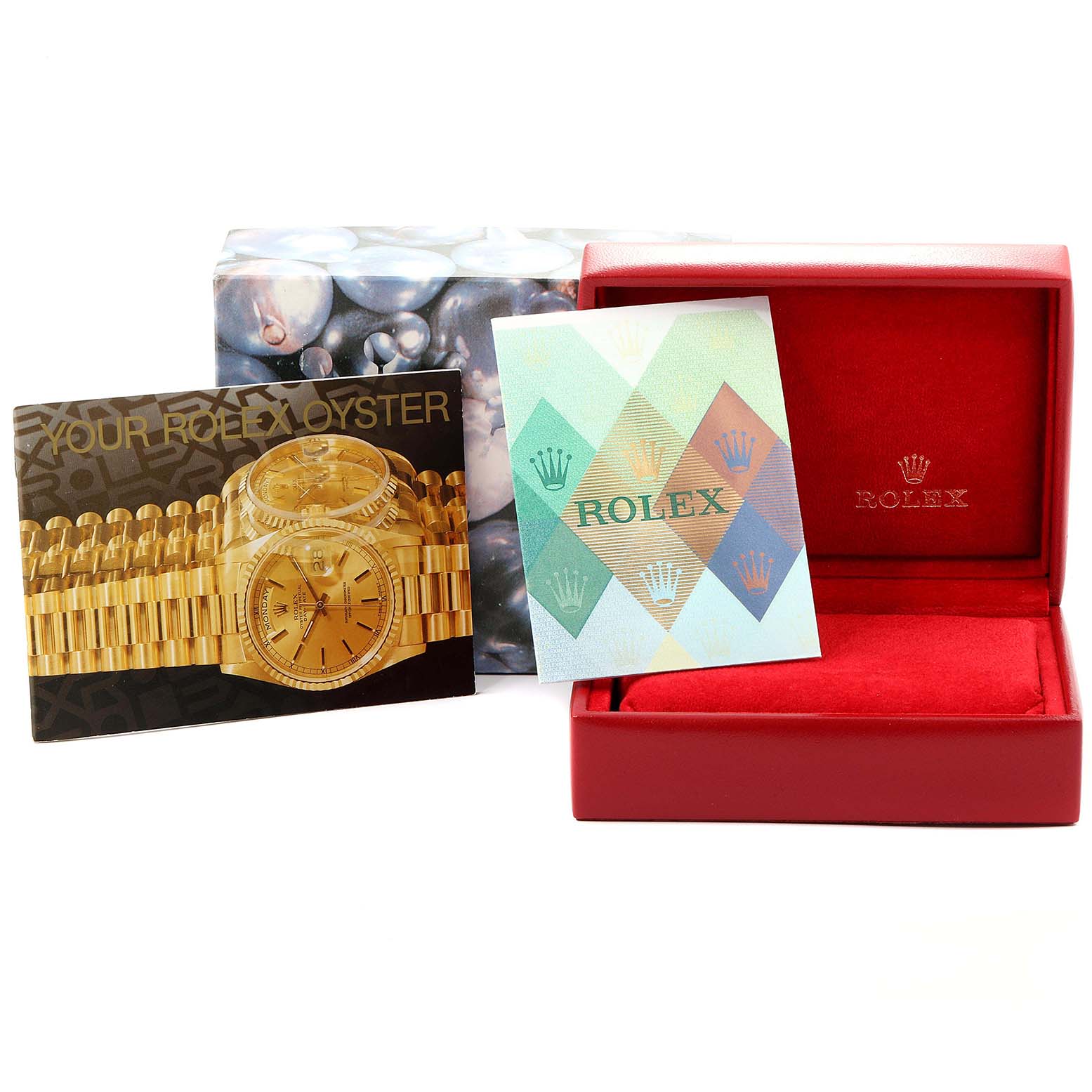 The image shows a Rolex Datejust 79163 Women's Steel and Gold (two tone) White Dial 79163 Women's Steel and Gold (two tone) White Dial box, booklets, and cards viewed from the front.