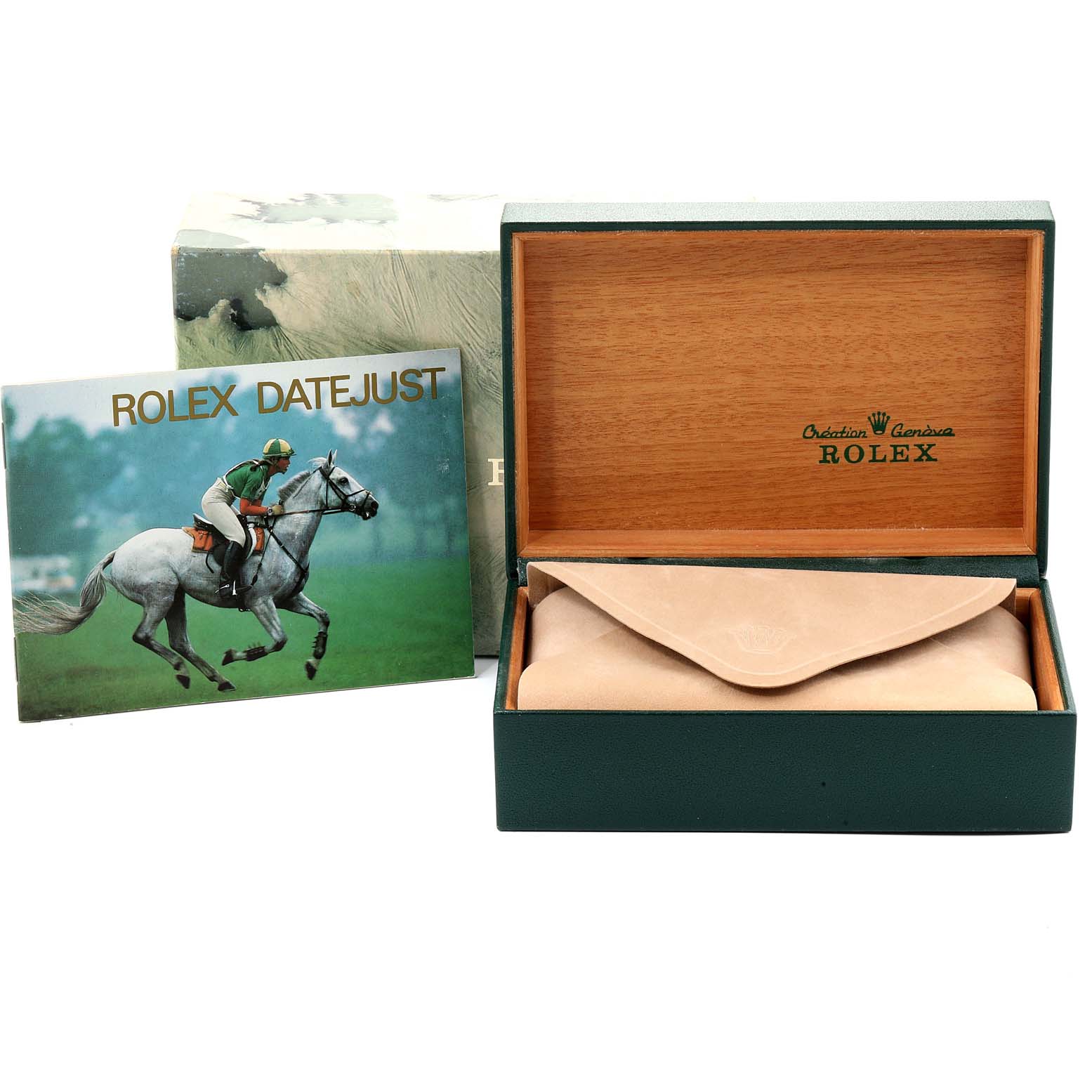 The image shows a Rolex Datejust 16233 Men
s Steel and Gold (two tone) Blue Dial 16233 Men
s Steel and Gold (two tone) Blue Dial box, the inner wooden case, a leather holder, and a booklet.