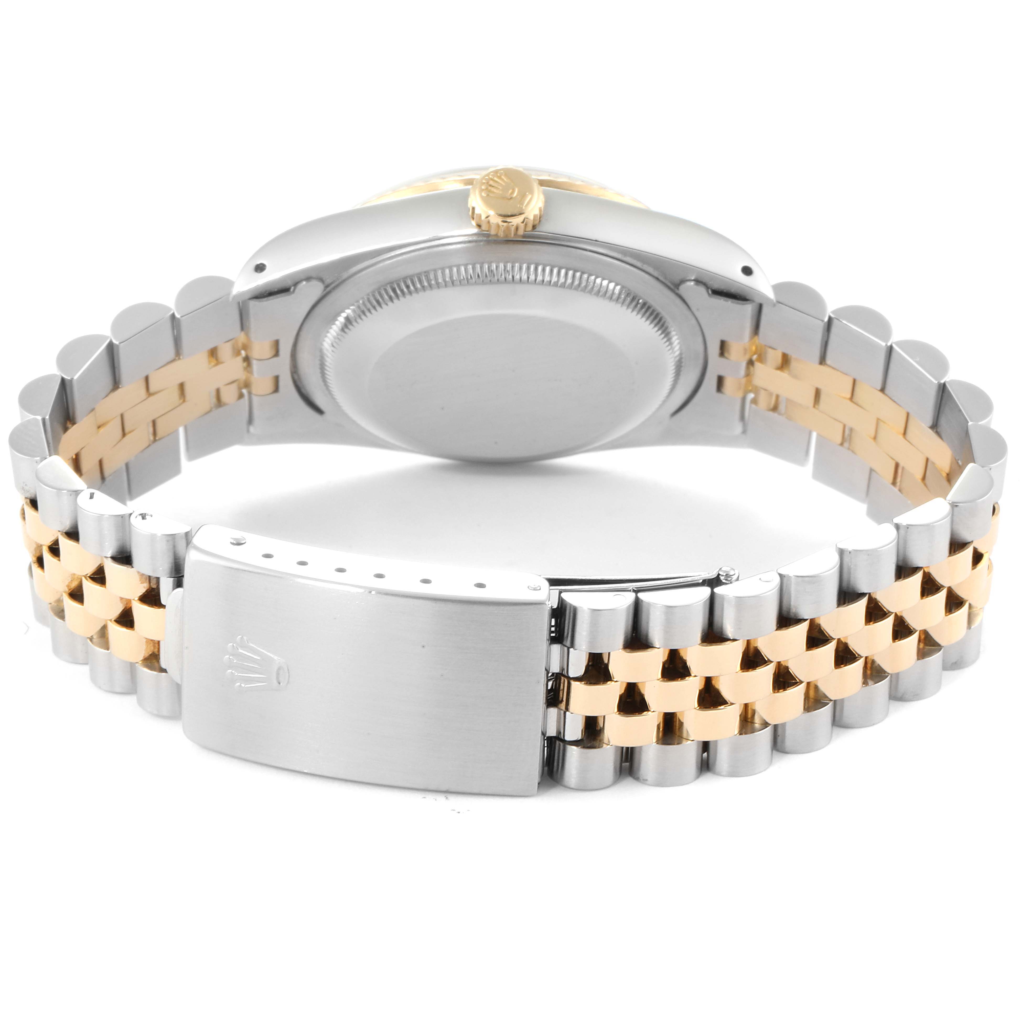 The image shows the back of a Rolex Datejust 16233 Men
s Steel and Gold (two tone) Blue Dial 16233 Men
s Steel and Gold (two tone) Blue Dial watch with a two-tone metal bracelet and clasp.