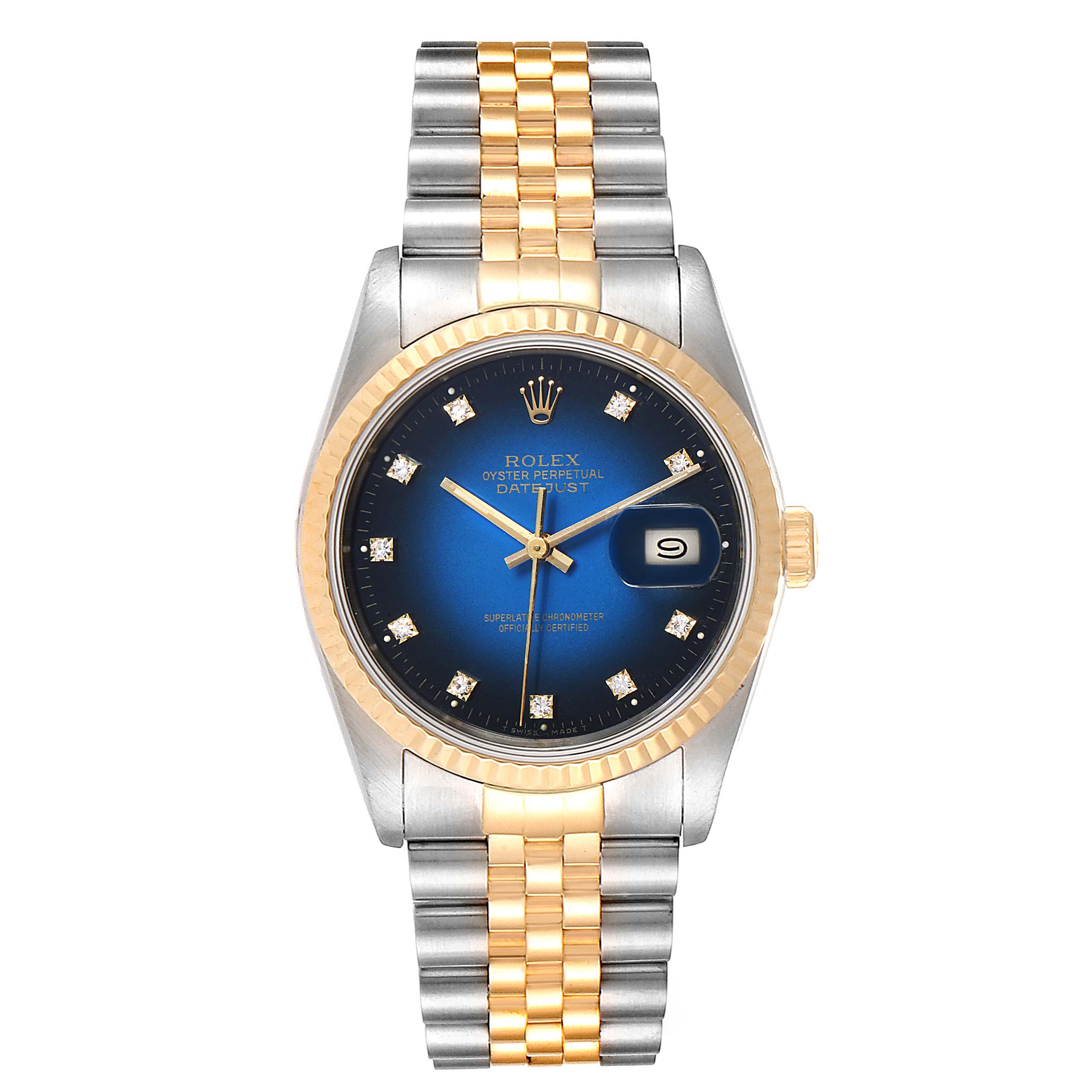 The image shows a Rolex Datejust 16233 Men
s Steel and Gold (two tone) Blue Dial 16233 Men
s Steel and Gold (two tone) Blue Dial watch from a front angle, highlighting its face, bezel, and two-tone bracelet.