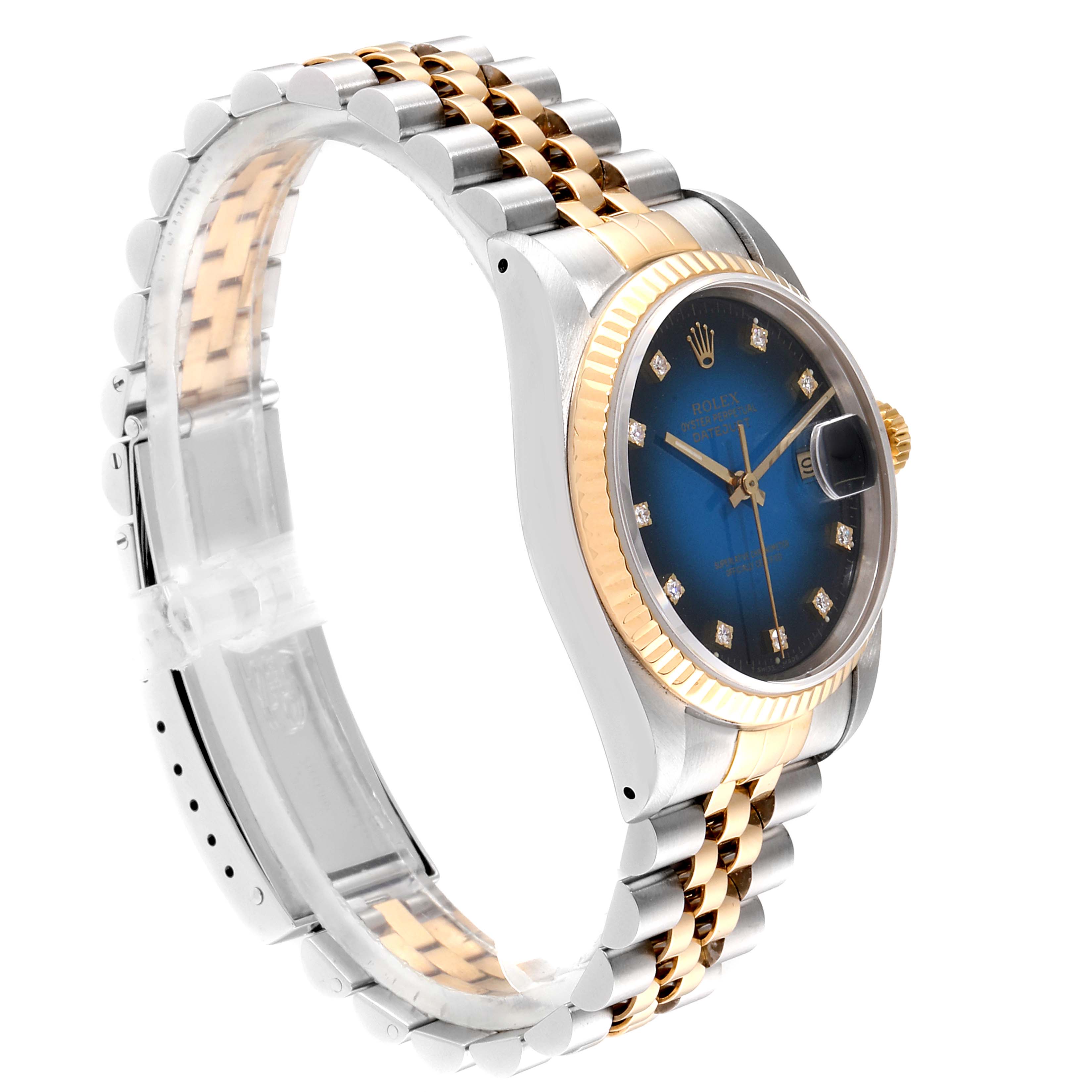 This side-angle view shows the face, bezel, and two-tone bracelet of the Rolex Datejust 16233 Men
s Steel and Gold (two tone) Blue Dial 16233 Men
s Steel and Gold (two tone) Blue Dial watch model.