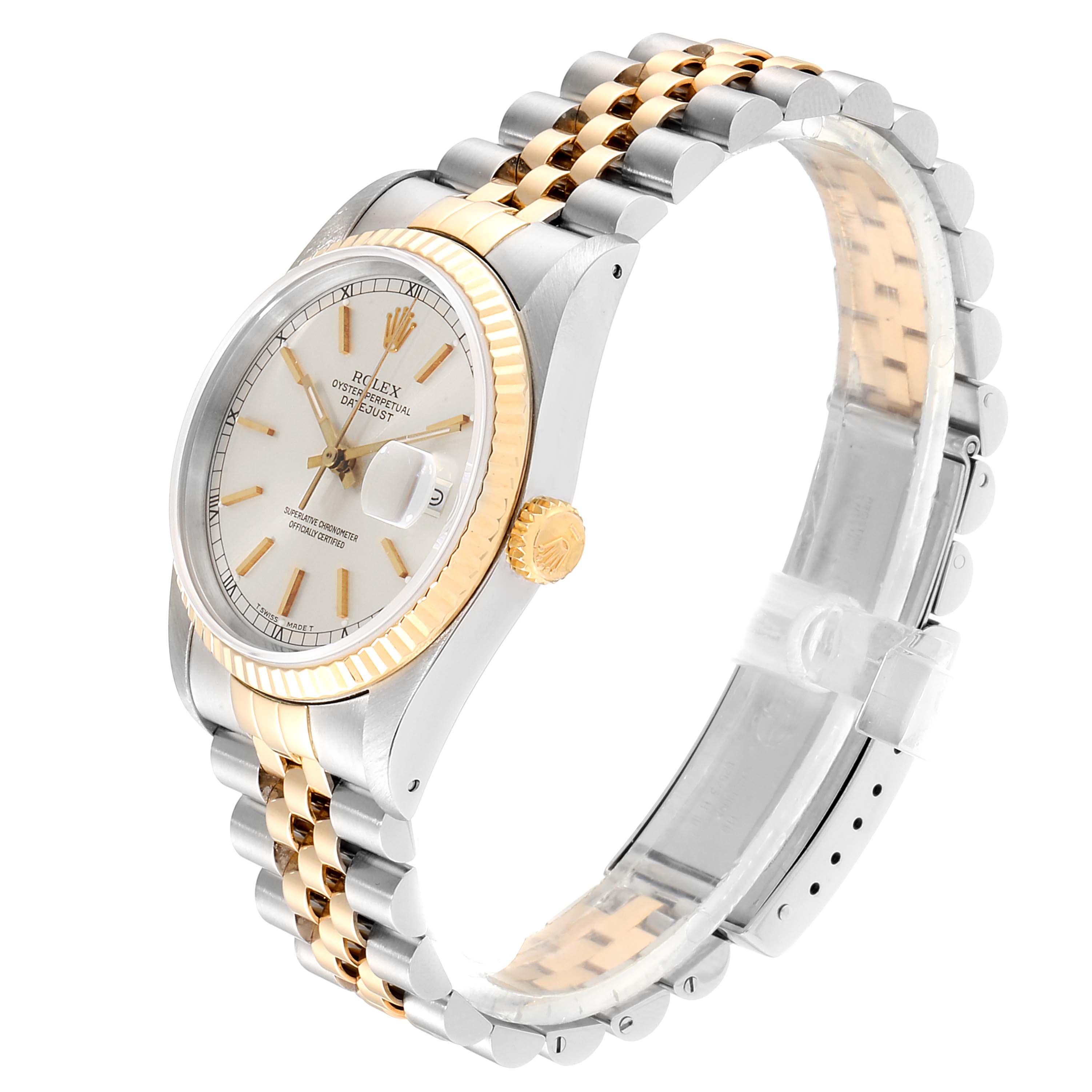 This image shows a Rolex Datejust 16233 Men
s Steel and Gold (two tone) Silver Dial 16233 Men
s Steel and Gold (two tone) Silver Dial watch angled slightly from the side, highlighting its face, bezel, crown, and bracelet.
