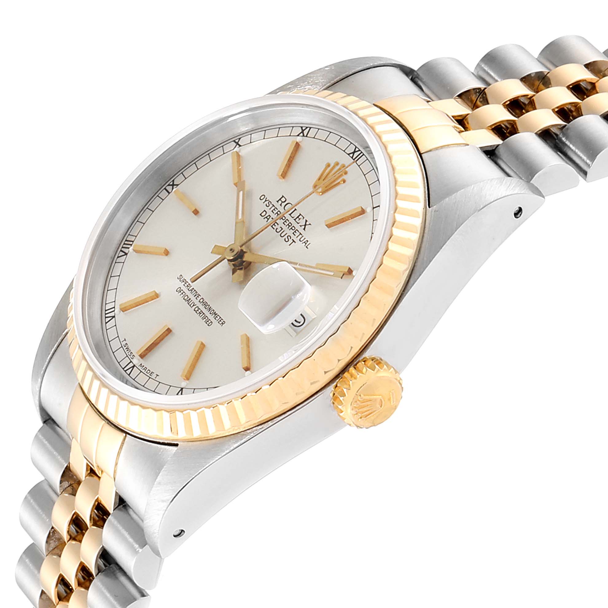 The Rolex Datejust 16233 Men
s Steel and Gold (two tone) Silver Dial 16233 Men
s Steel and Gold (two tone) Silver Dial watch is shown at a side angle, highlighting its dial, bezel, crown, and bracelet.