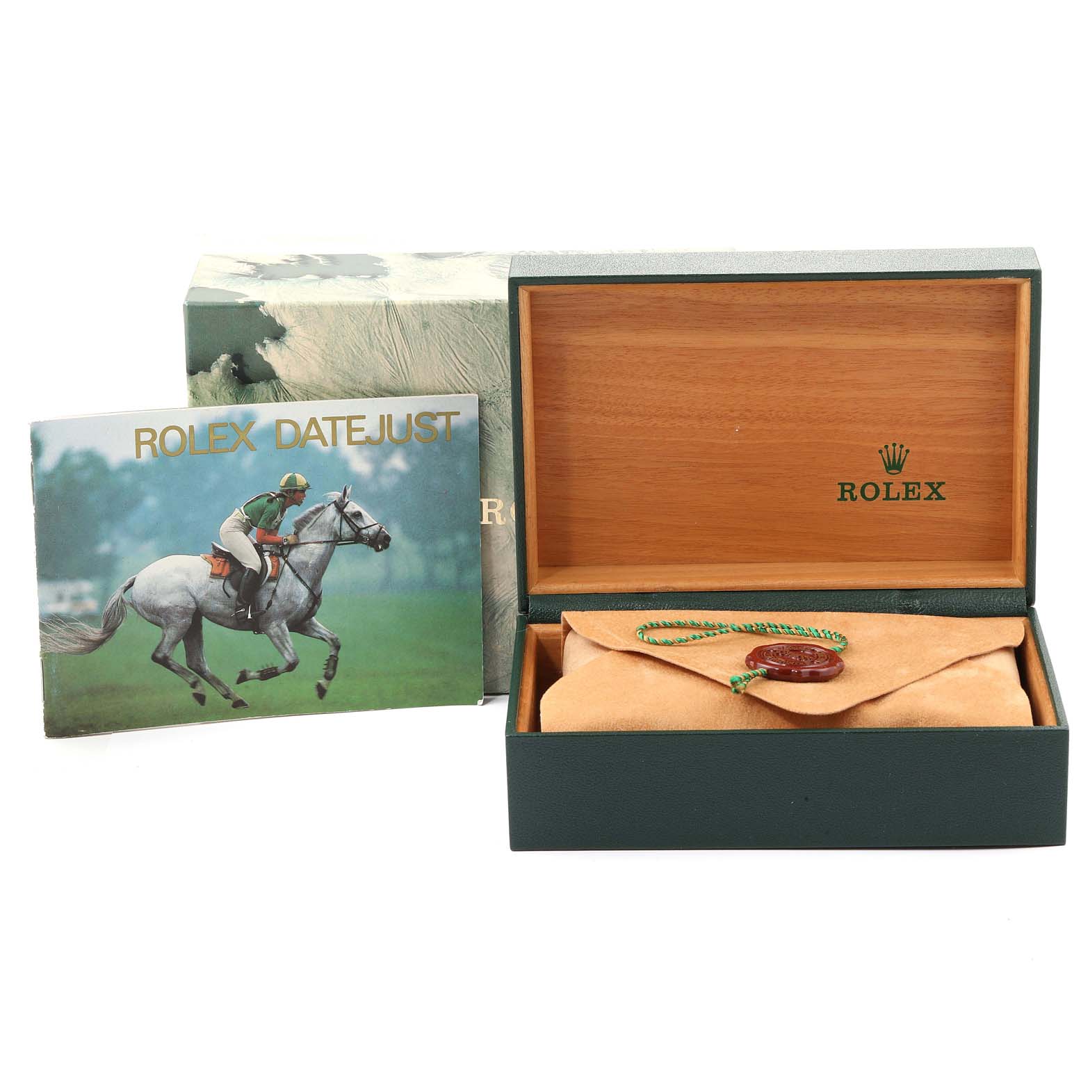 The image shows a Rolex Datejust 16233 Men
s Steel and Gold (two tone) Silver Dial 16233 Men
s Steel and Gold (two tone) Silver Dial watch box, certification booklet, and a protective pouch with a tag, all laid out from a top angle.