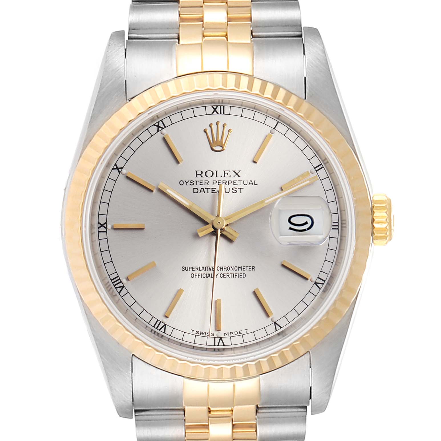 The Rolex Datejust 16233 Men
s Steel and Gold (two tone) Silver Dial 16233 Men
s Steel and Gold (two tone) Silver Dial watch is shown from a front angle, highlighting its face, bezel, crown, and Jubilee bracelet.