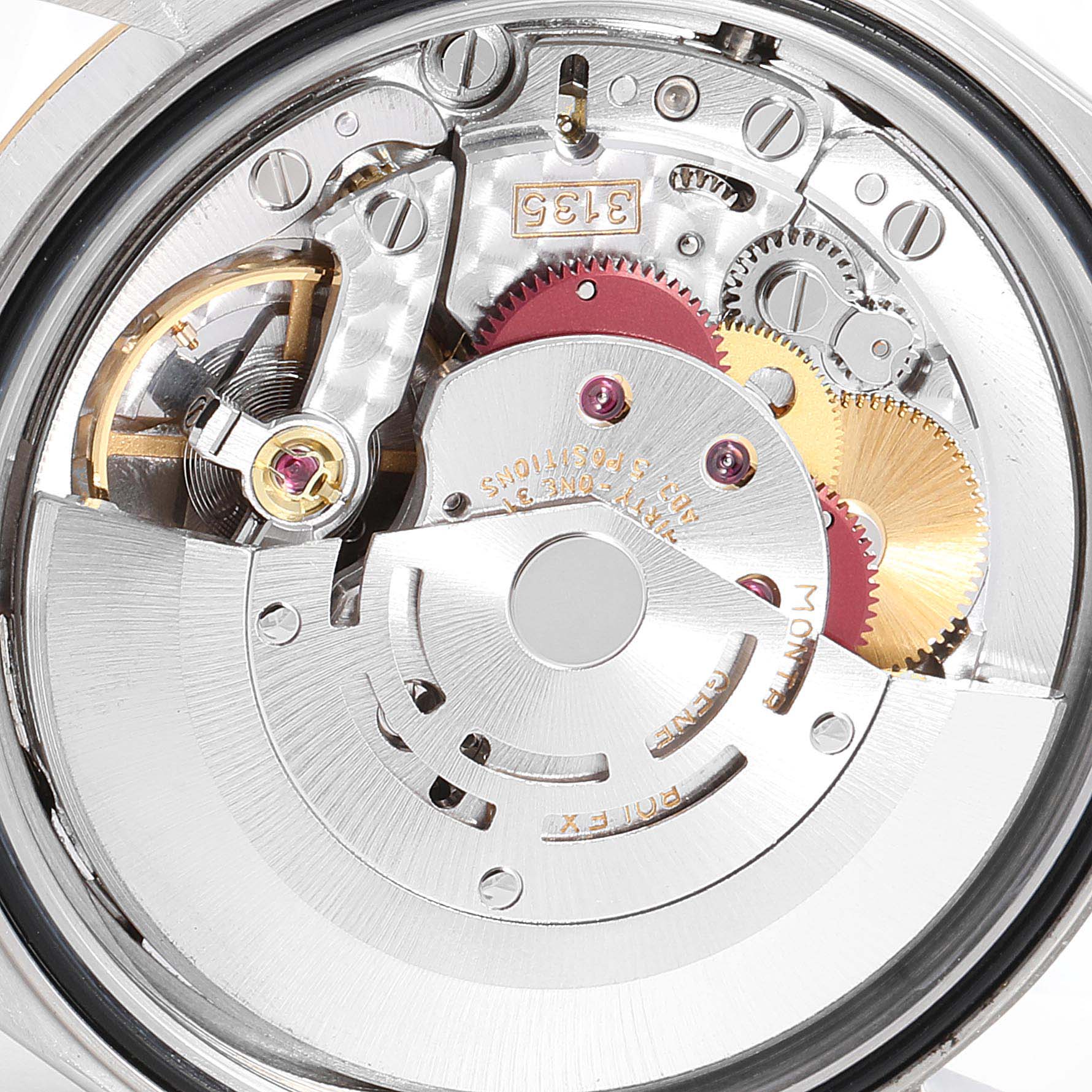 This image shows the movement and inner mechanics of a Datejust Rolex watch from a back view.