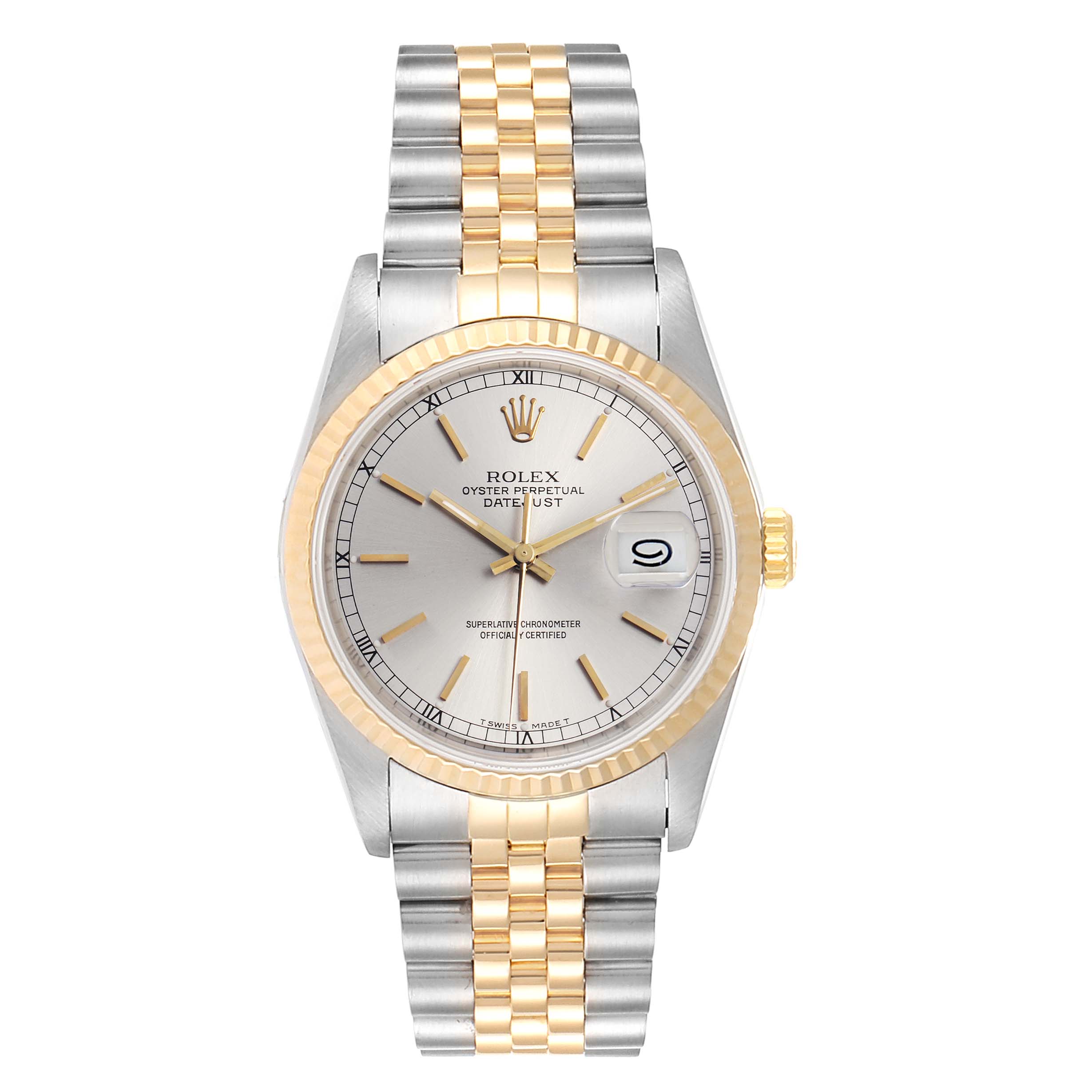 The image shows a Rolex Datejust 16233 Men
s Steel and Gold (two tone) Silver Dial 16233 Men
s Steel and Gold (two tone) Silver Dial watch from a front view, displaying its face, bezel, and bracelet.
