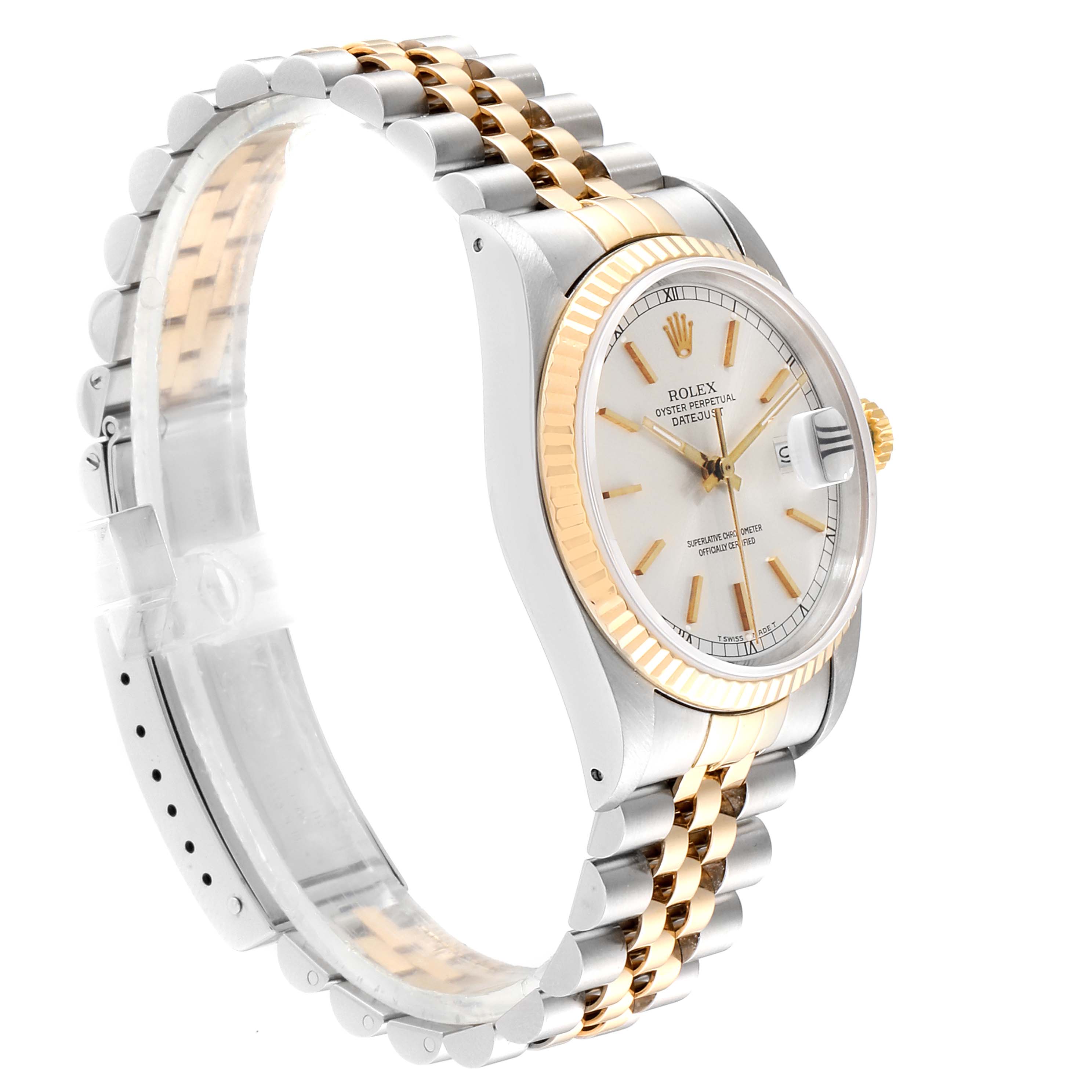 The image shows a side view of a Rolex Datejust 16233 Men
s Steel and Gold (two tone) Silver Dial 16233 Men
s Steel and Gold (two tone) Silver Dial watch, highlighting its bezel, dial, crown, and two-tone bracelet.