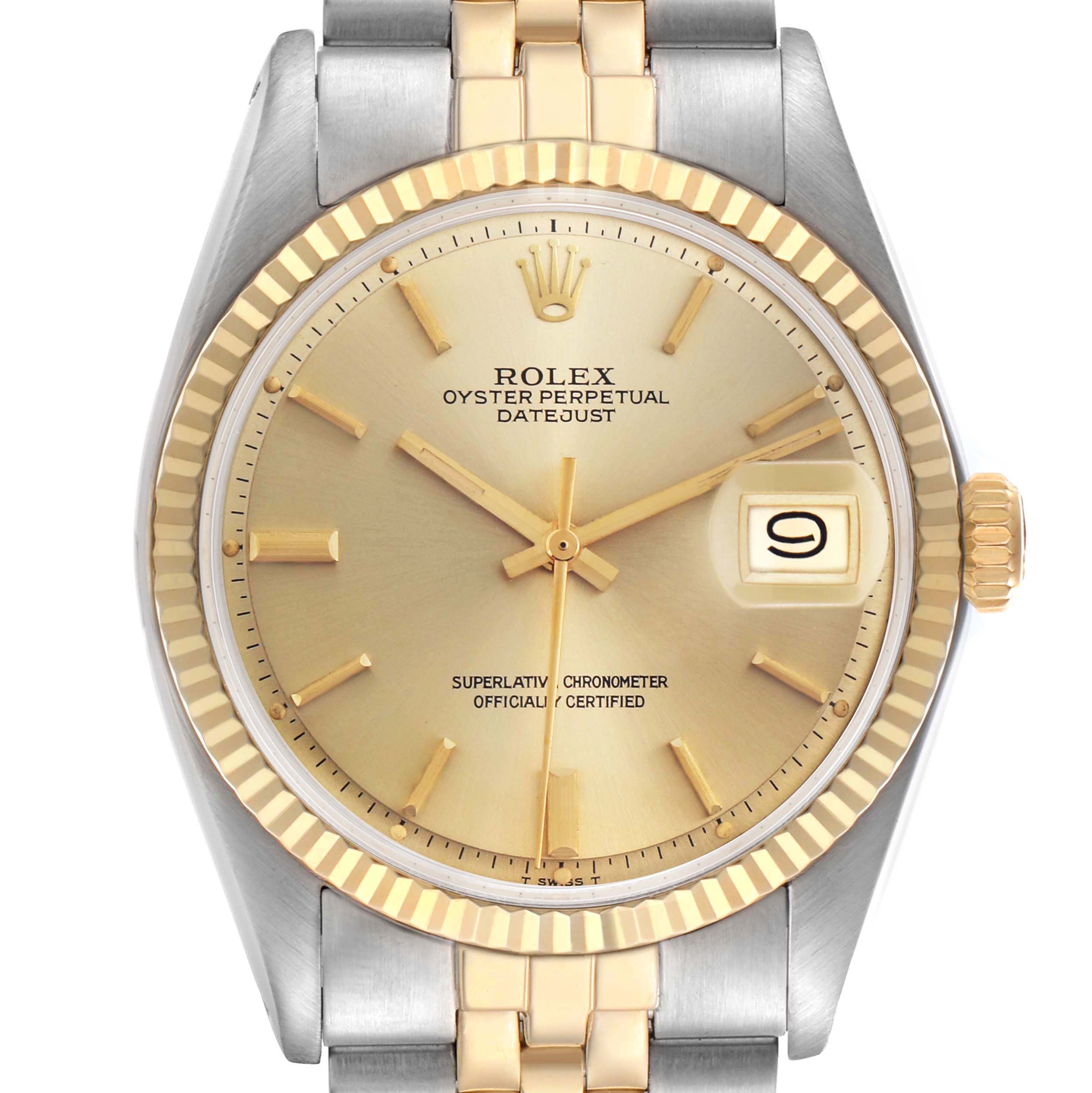 The Rolex Datejust 1601 Men's Steel and Gold (two tone) Champagne Dial 1601 Men's Steel and Gold (two tone) Champagne Dial watch is shown from the front, displaying the dial, bezel, case, crown, and part of the bracelet.