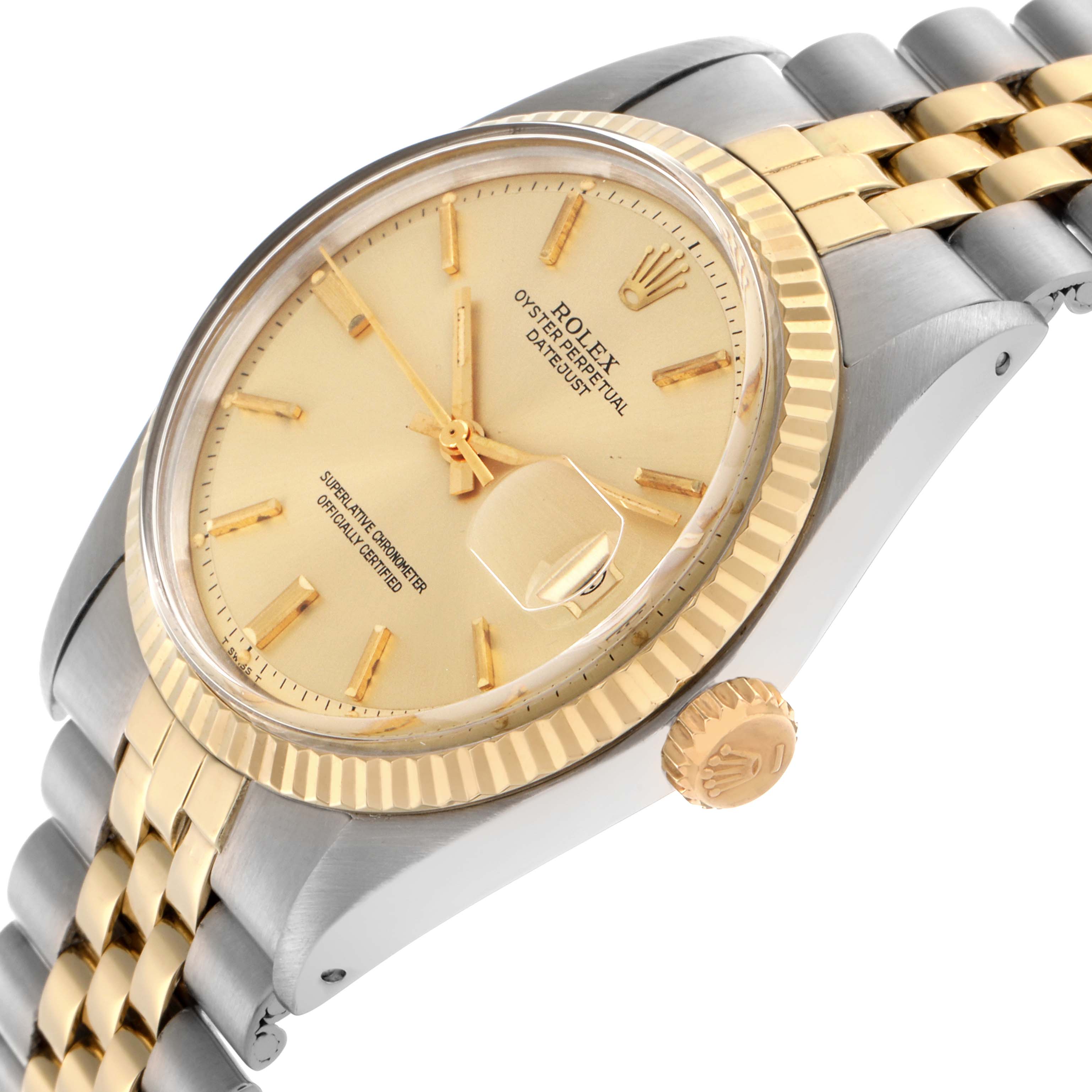 The Rolex Datejust 1601 Men's Steel and Gold (two tone) Champagne Dial 1601 Men's Steel and Gold (two tone) Champagne Dial watch is shown at an oblique angle, highlighting the fluted bezel, crown, and jubilee bracelet.