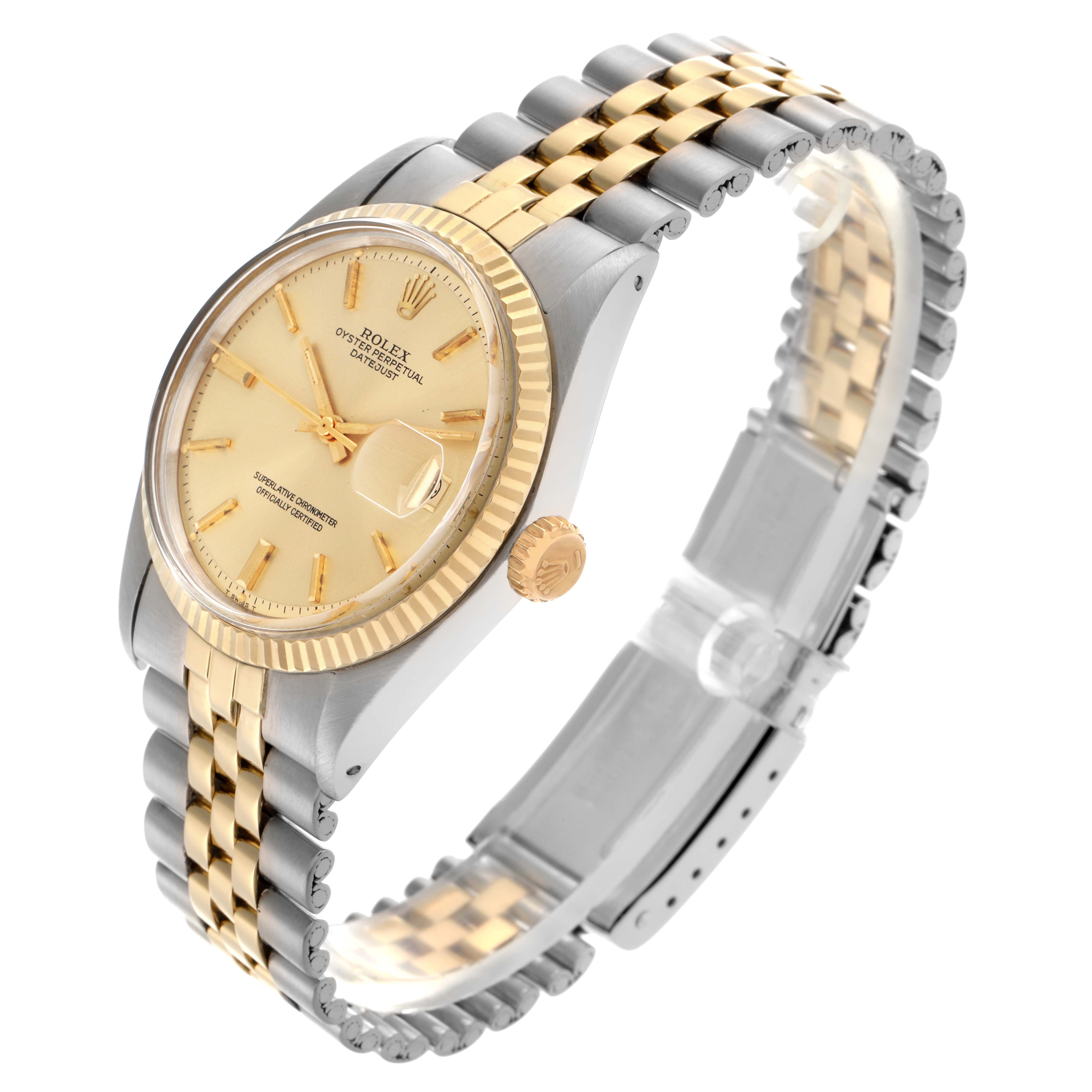 The Rolex Datejust 1601 Men's Steel and Gold (two tone) Champagne Dial 1601 Men's Steel and Gold (two tone) Champagne Dial watch is shown at a three-quarter angle, highlighting the dial, bezel, crown, and bracelet.